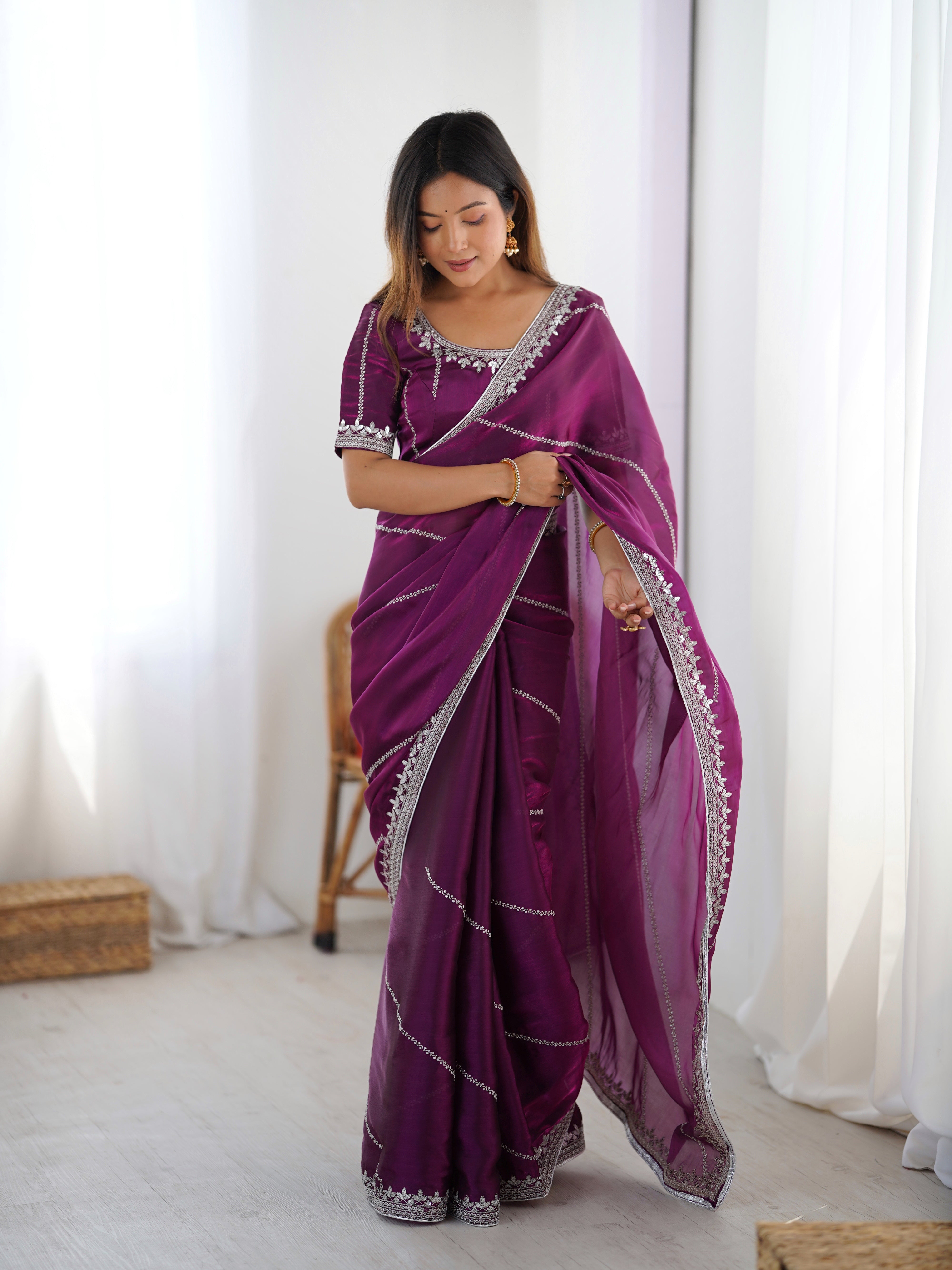 Premium Heavy JMC Silk Thread & Sequin Embroidered Designer Party Wear Saree with Blouse