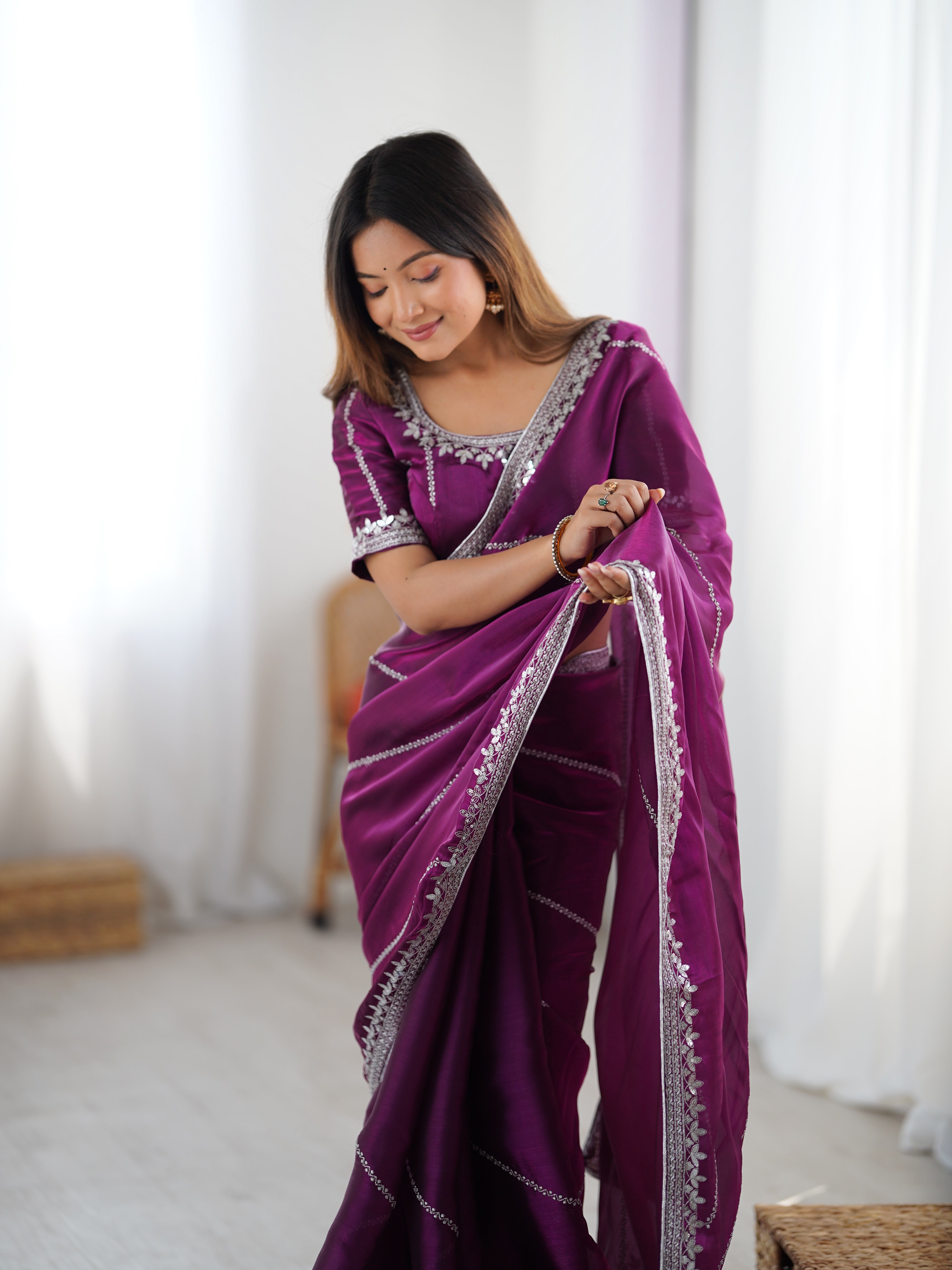 Premium Heavy JMC Silk Thread & Sequin Embroidered Designer Party Wear Saree with Blouse