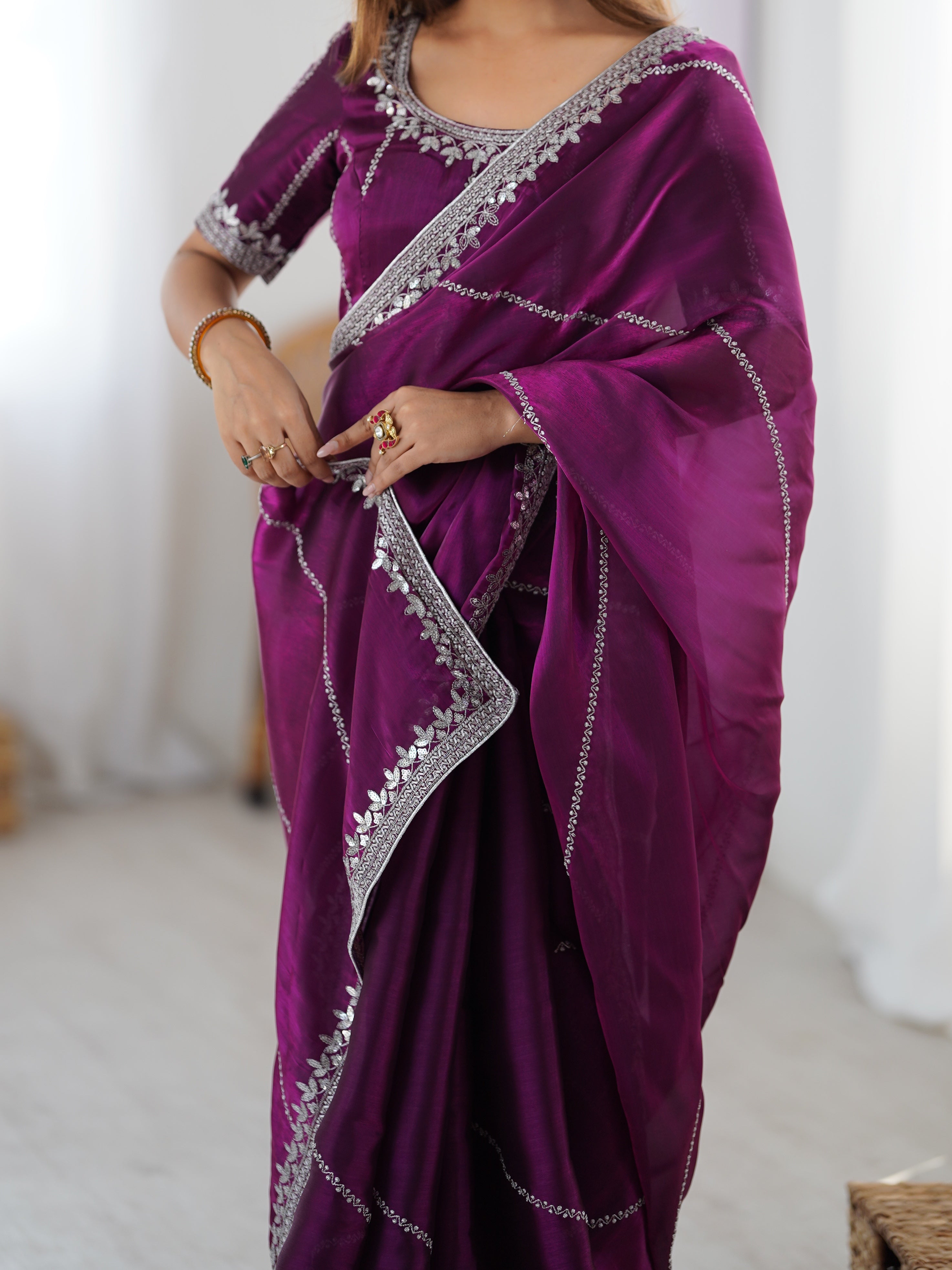 Premium Heavy JMC Silk Thread & Sequin Embroidered Designer Party Wear Saree with Blouse