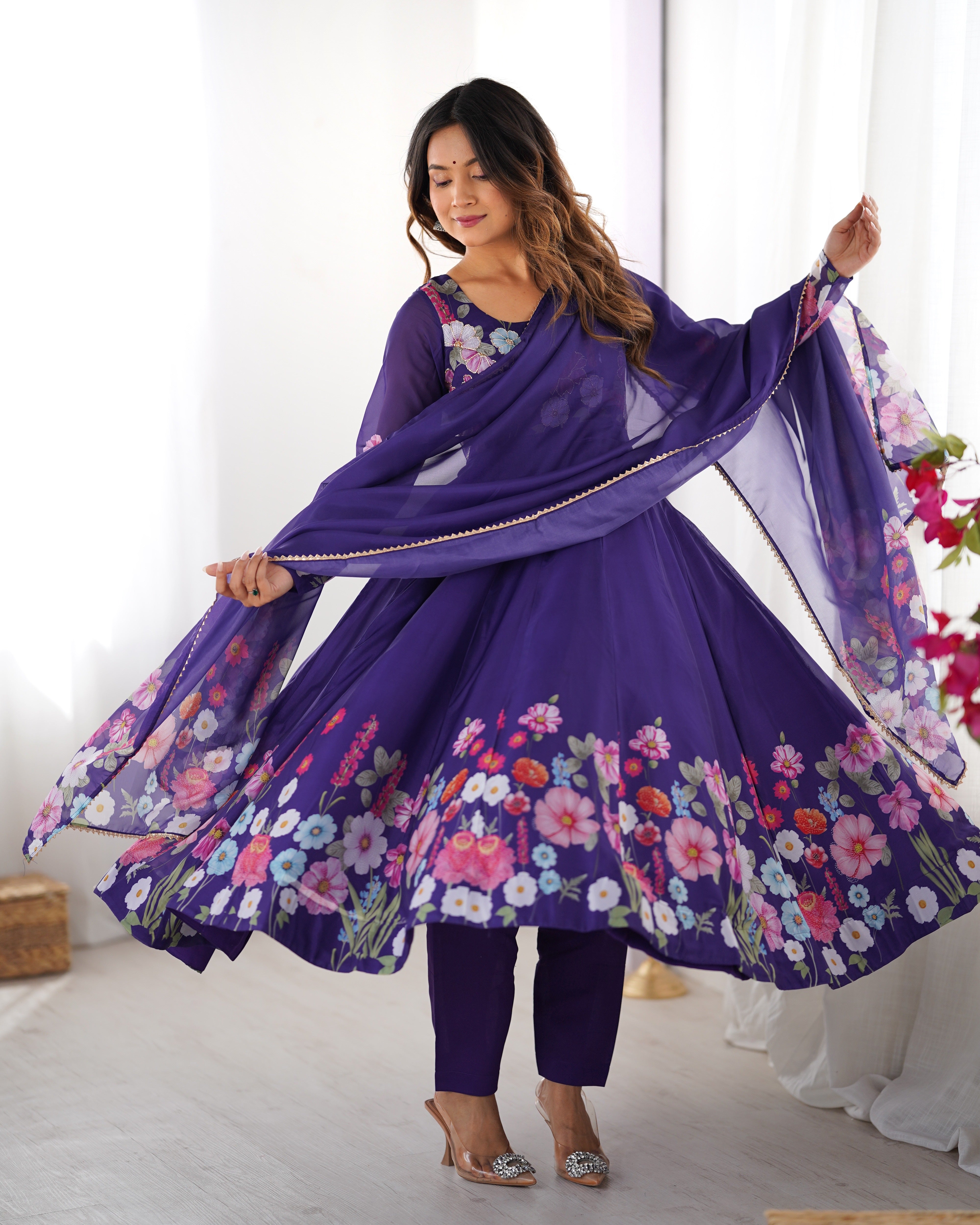 Organza Silk Anarkali Suit Set with Badla Jari Work and Dupatta