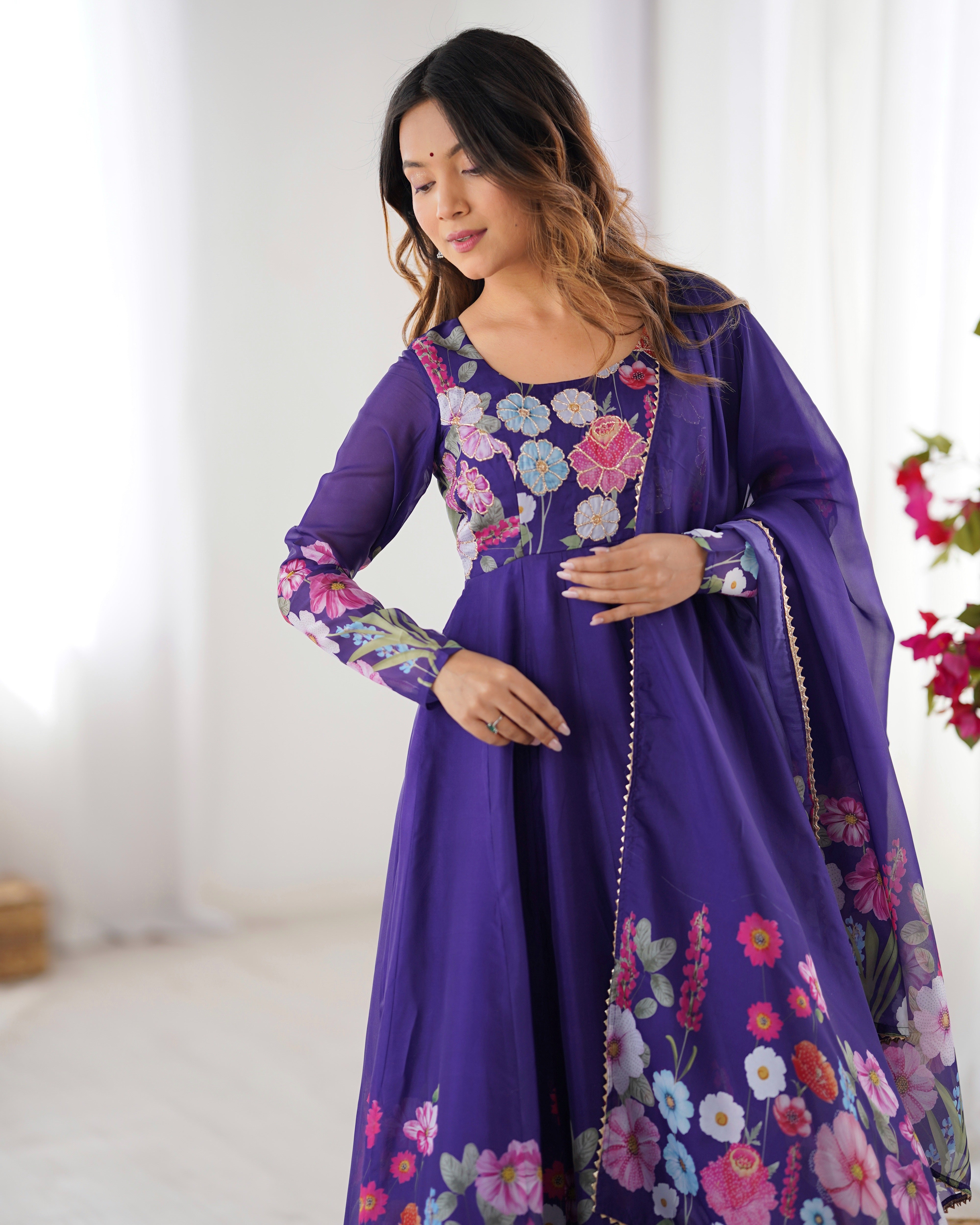 Organza Silk Anarkali Suit Set with Badla Jari Work and Dupatta