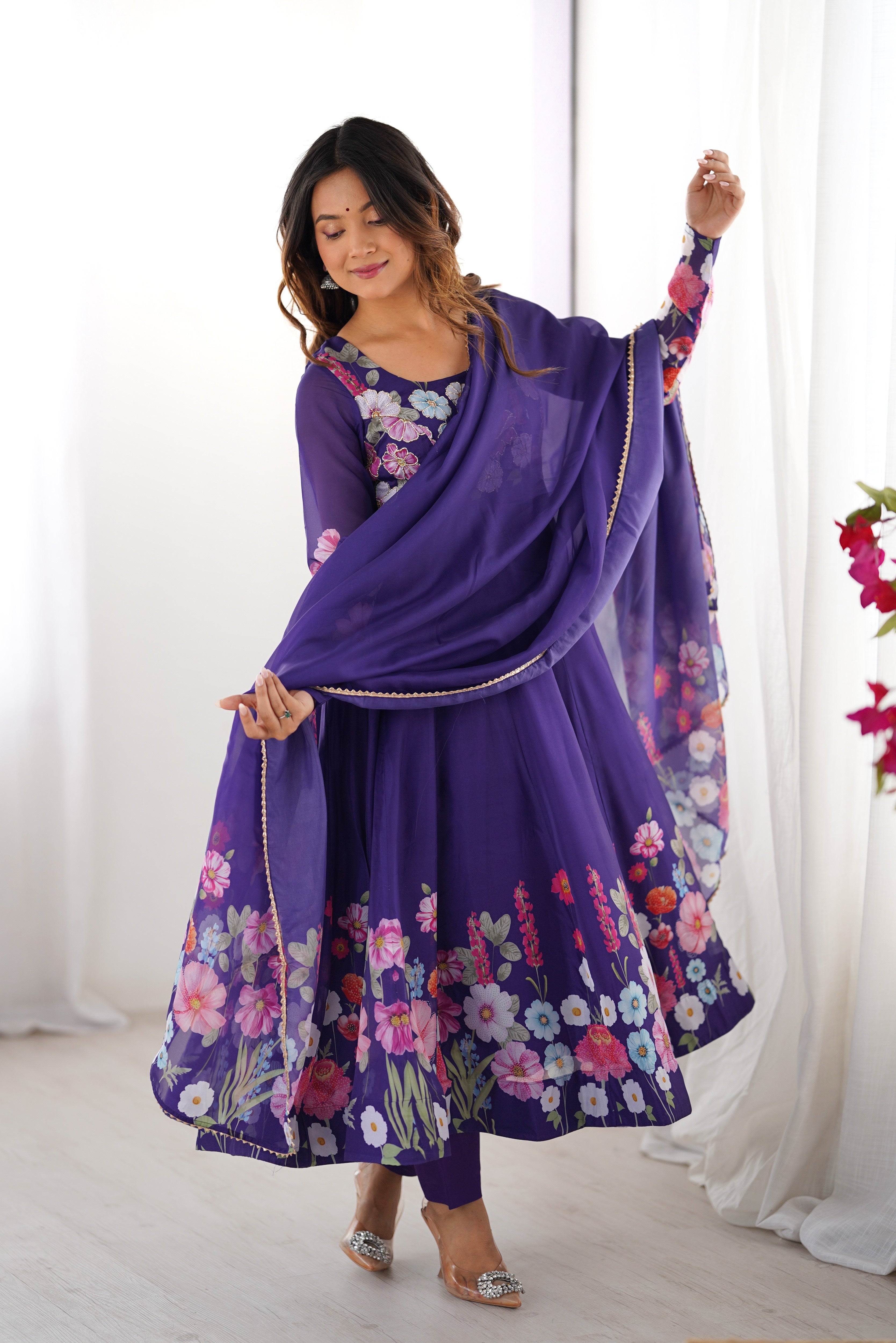 Organza Silk Anarkali Suit Set with Badla Jari Work and Dupatta