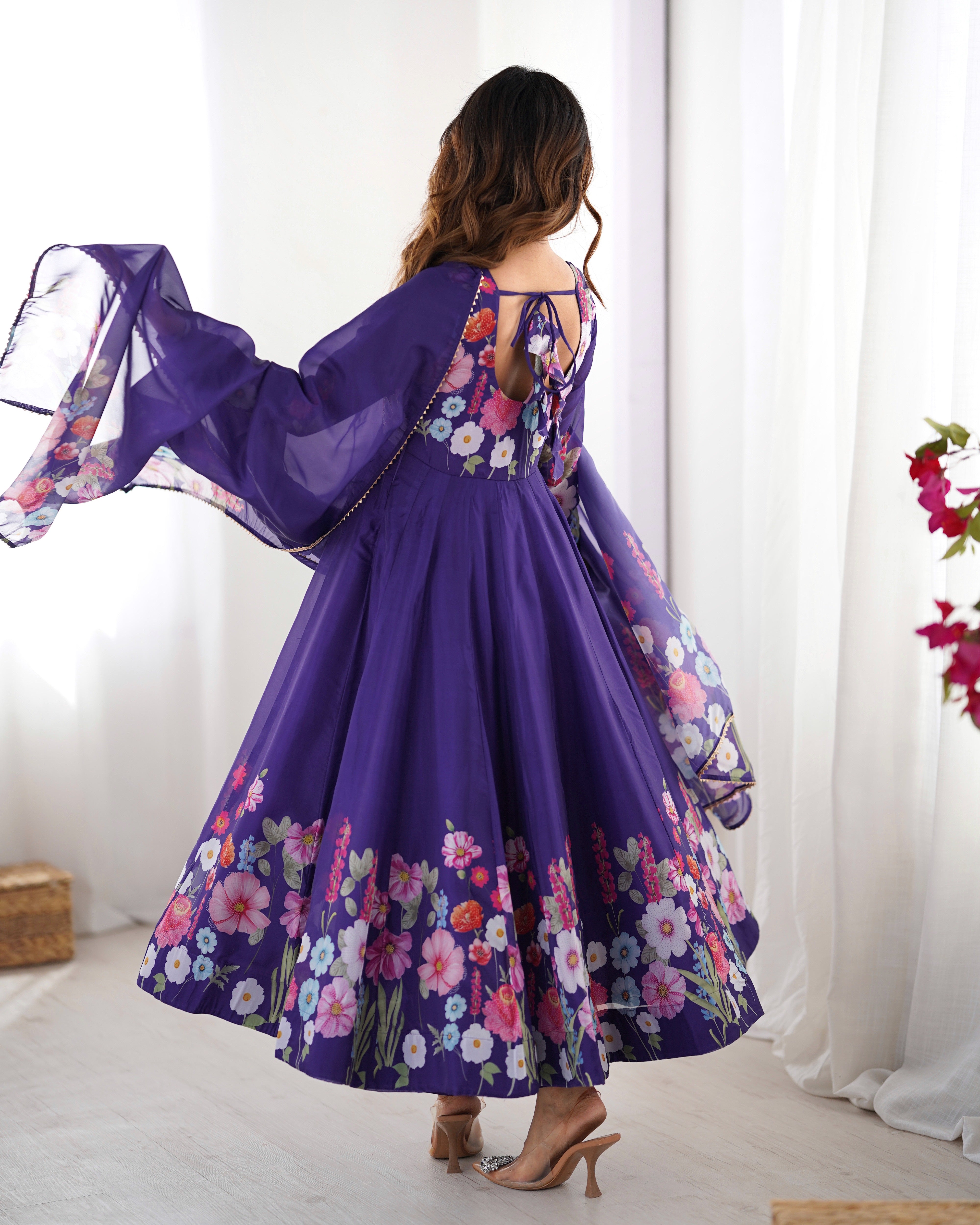 Organza Silk Anarkali Suit Set with Badla Jari Work and Dupatta