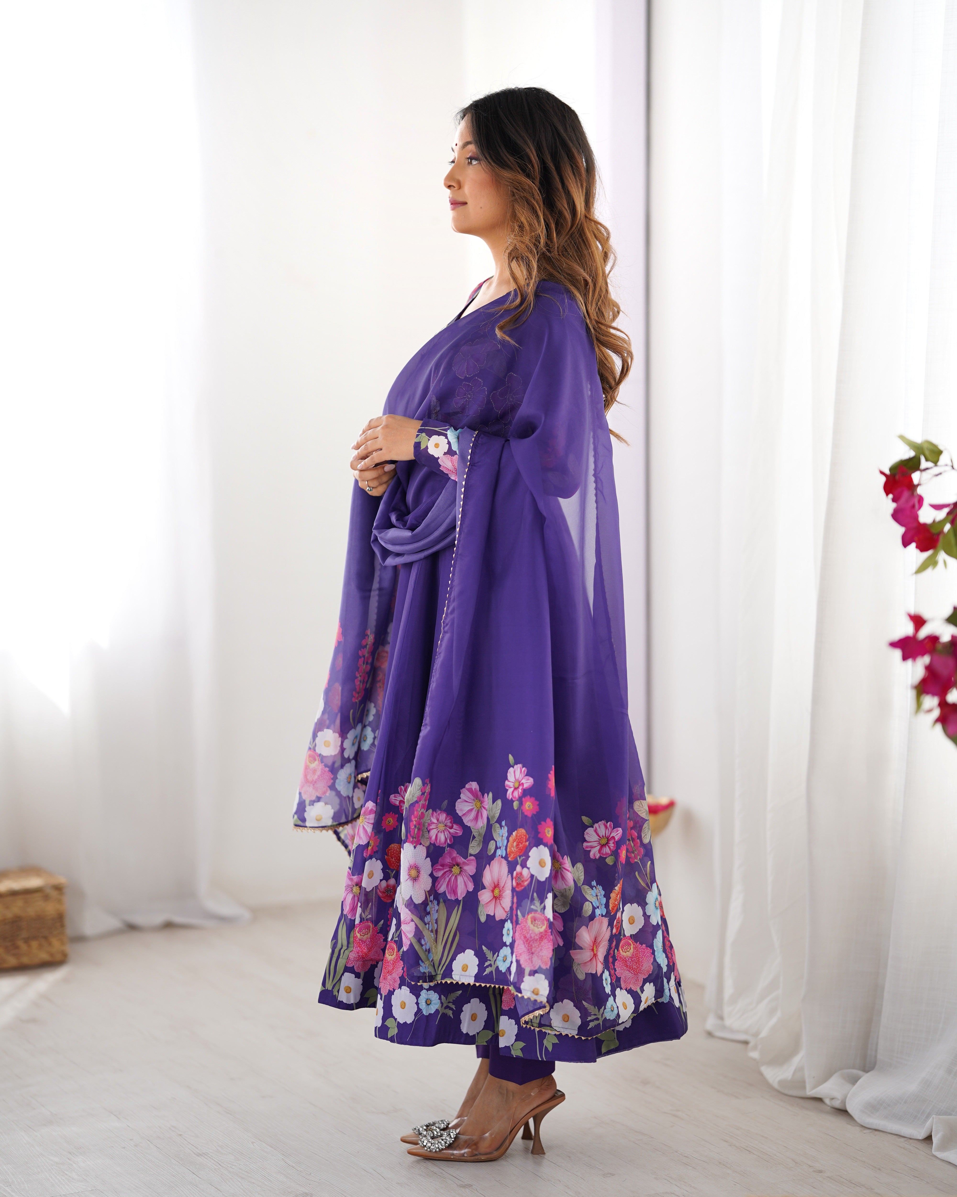 Organza Silk Anarkali Suit Set with Badla Jari Work and Dupatta