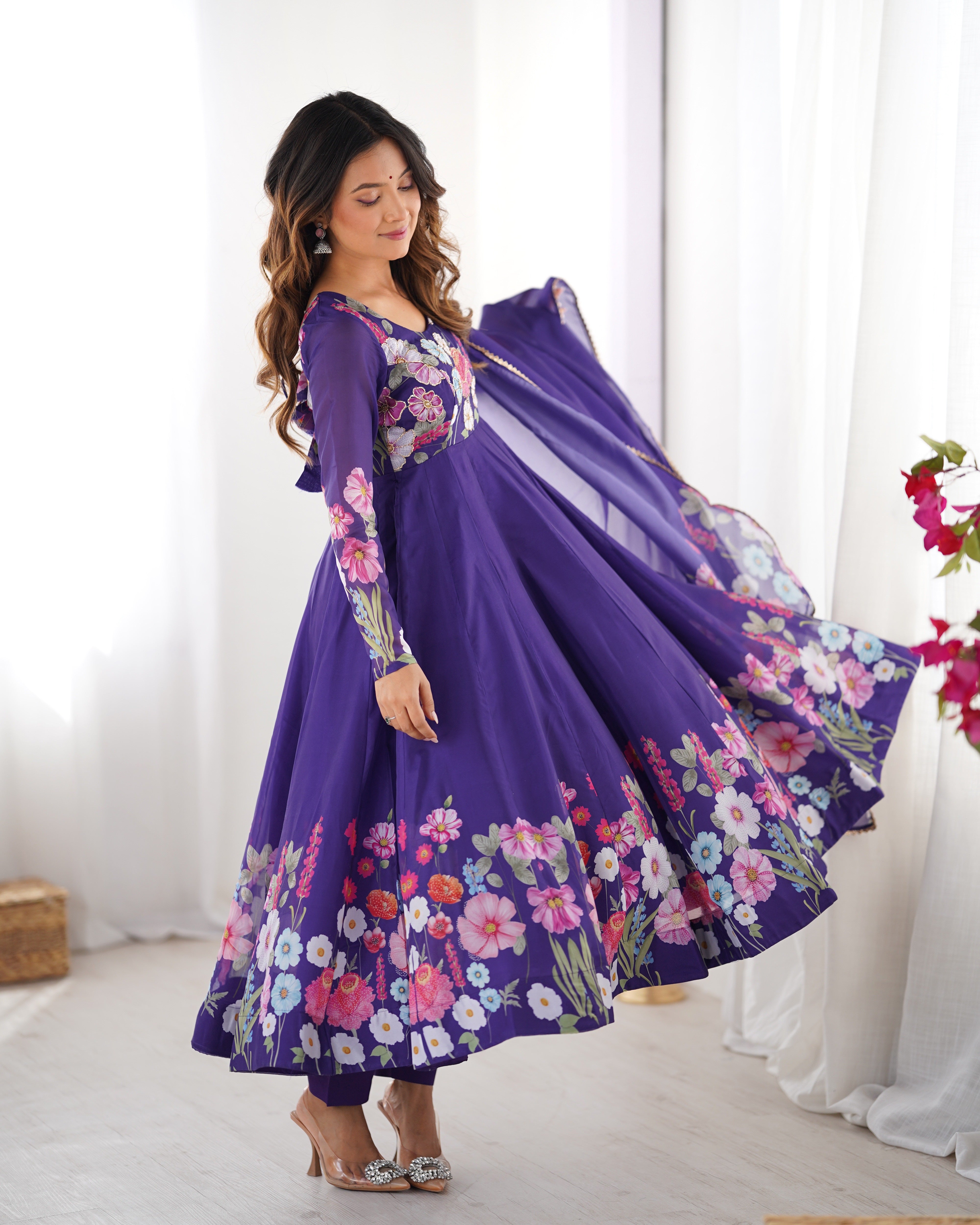Organza Silk Anarkali Suit Set with Badla Jari Work and Dupatta