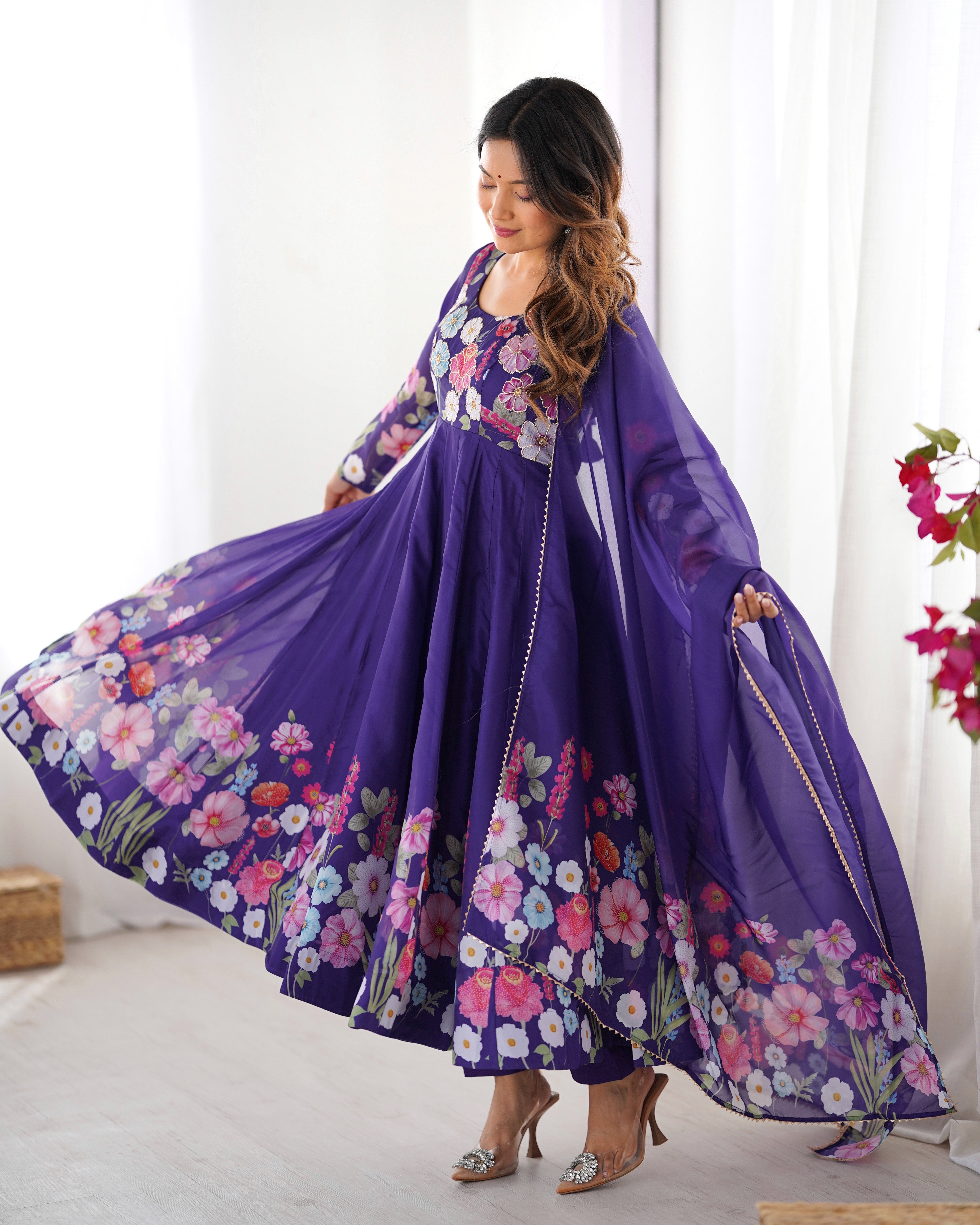 Organza Silk Anarkali Suit Set with Badla Jari Work and Dupatta