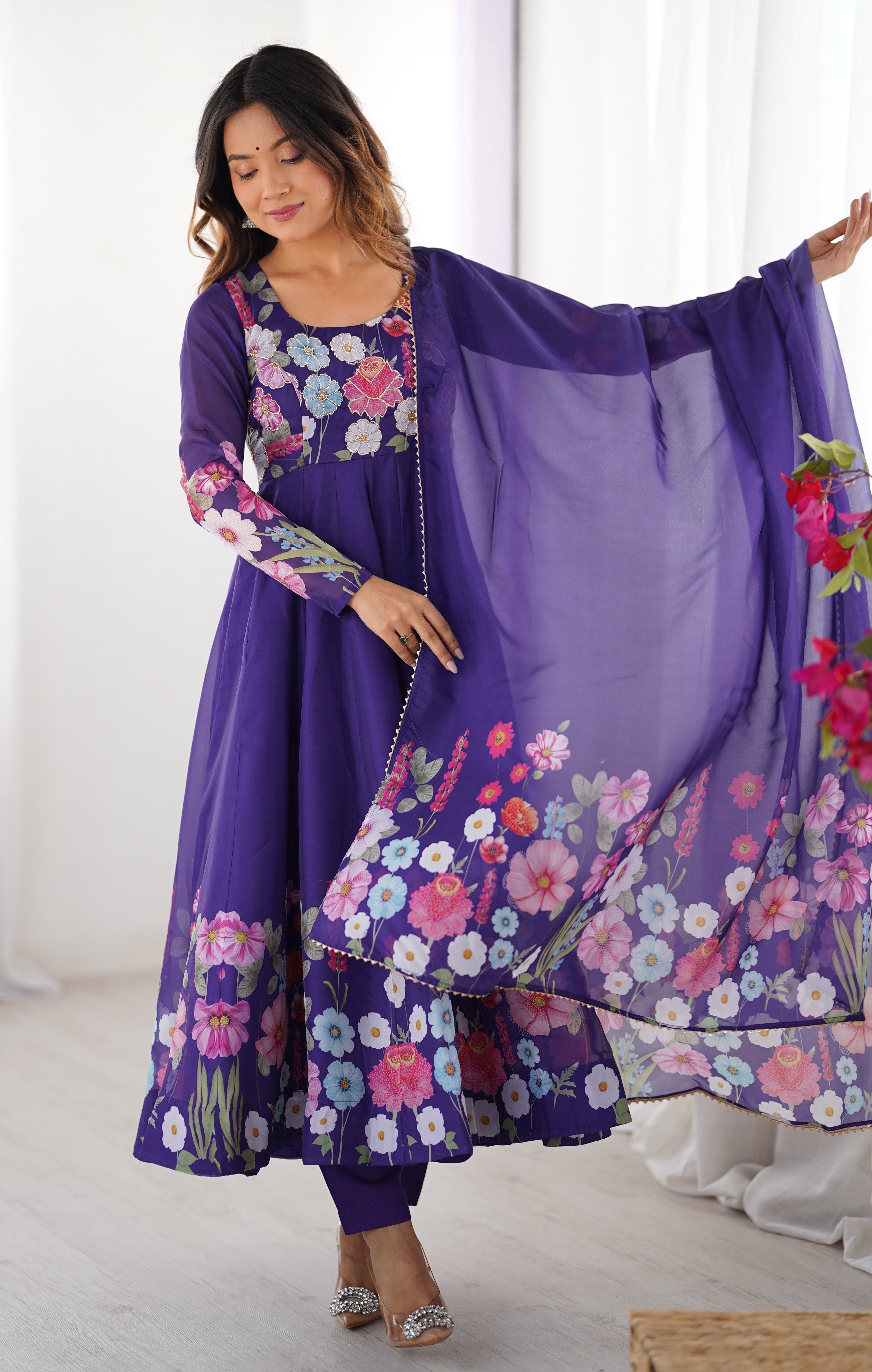 Organza Silk Anarkali Suit Set with Badla Jari Work and Dupatta