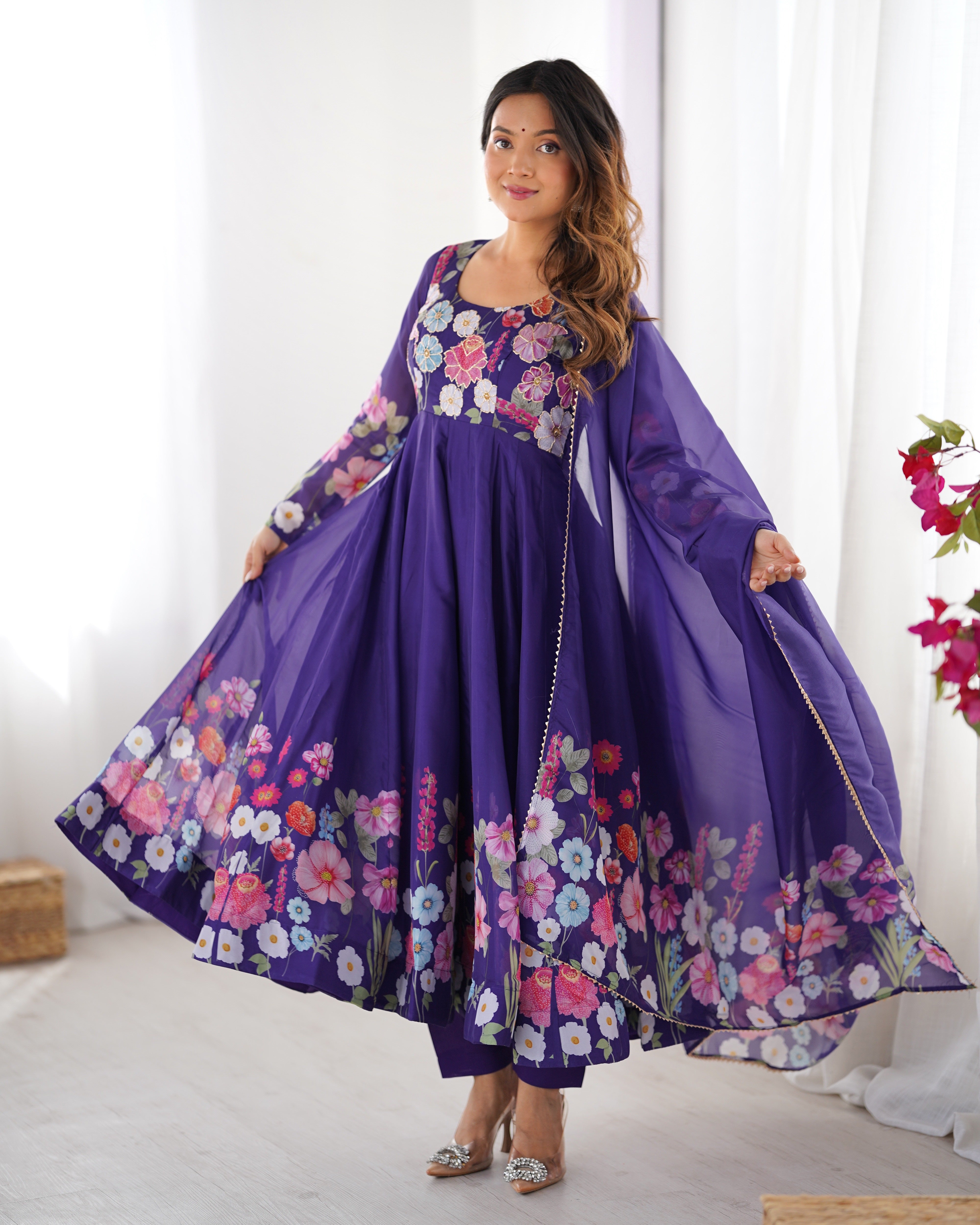 Organza Silk Anarkali Suit Set with Badla Jari Work and Dupatta