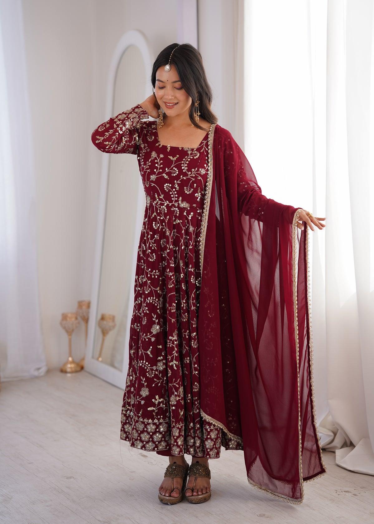 Heavy Faux Georgette Embroidered Anarkali Gown Three Piece Set with Lace Dupatta