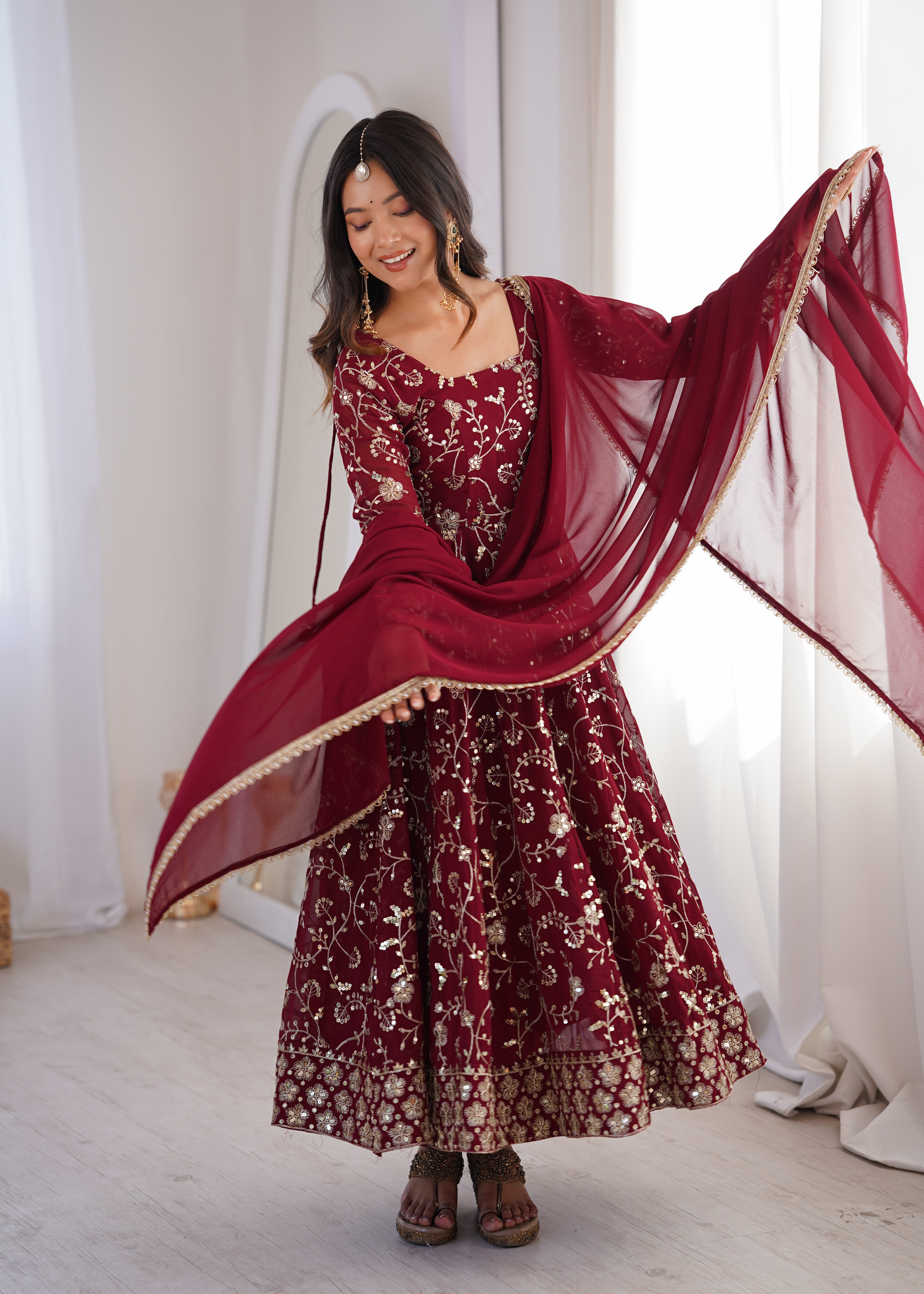 Heavy Faux Georgette Embroidered Anarkali Gown Three Piece Set with Lace Dupatta