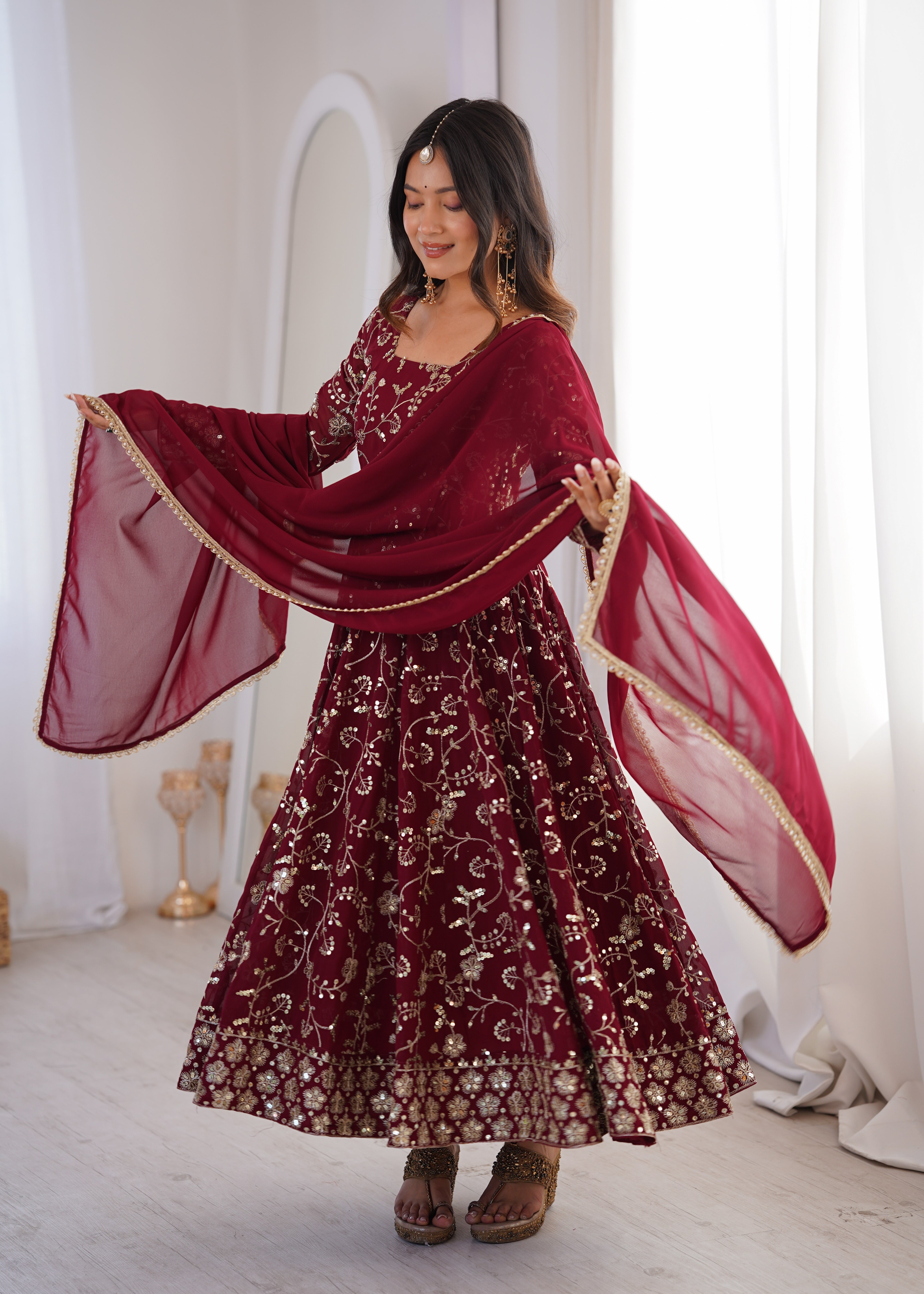 Heavy Faux Georgette Embroidered Anarkali Gown Three Piece Set with Lace Dupatta