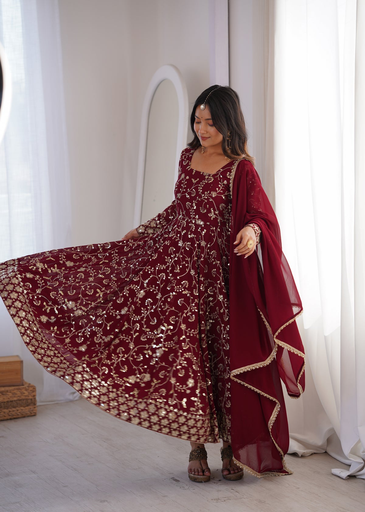 Heavy Faux Georgette Embroidered Anarkali Gown Three Piece Set with Lace Dupatta