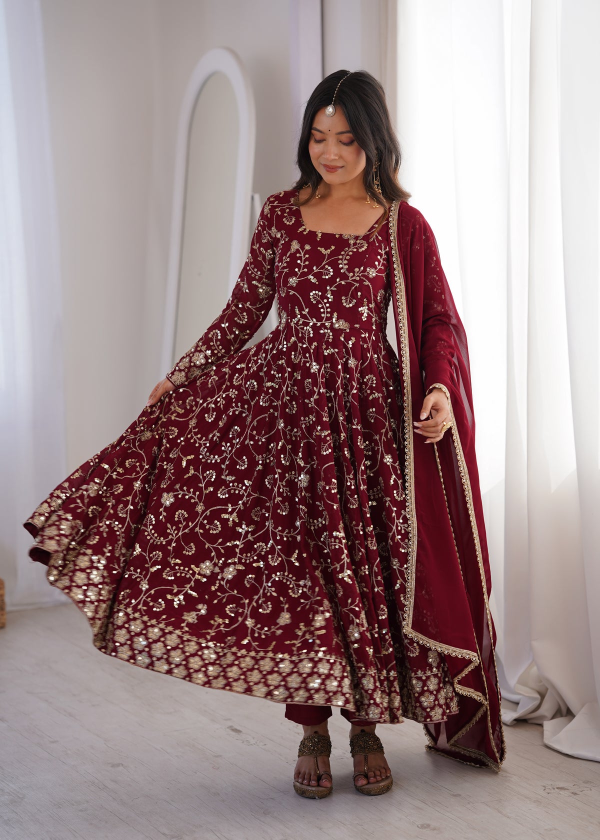 Heavy Faux Georgette Embroidered Anarkali Gown Three Piece Set with Lace Dupatta