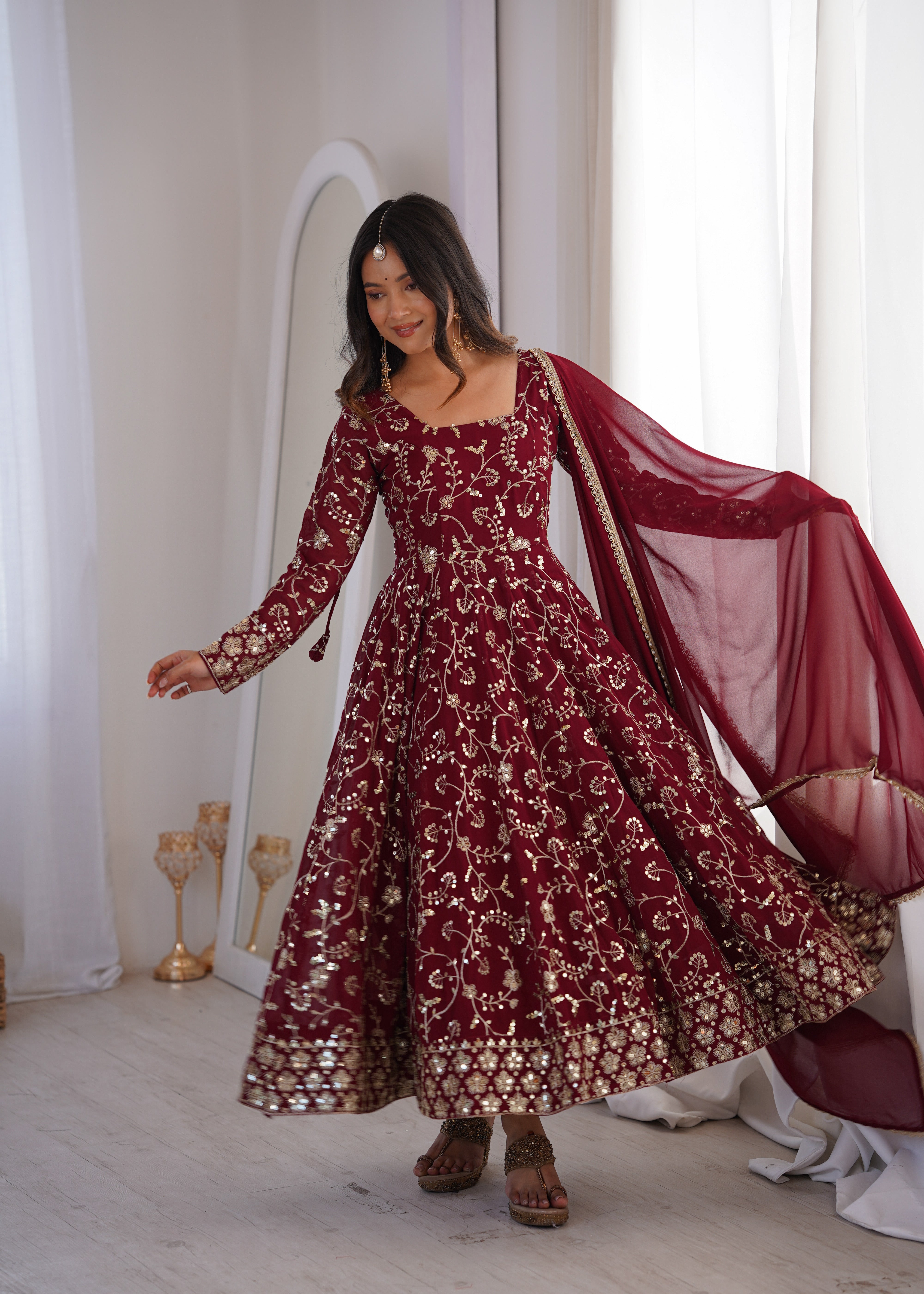 Heavy Faux Georgette Embroidered Anarkali Gown Three Piece Set with Lace Dupatta