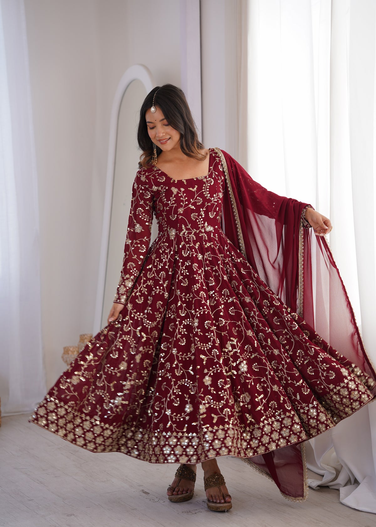 Heavy Faux Georgette Embroidered Anarkali Gown Three Piece Set with Lace Dupatta