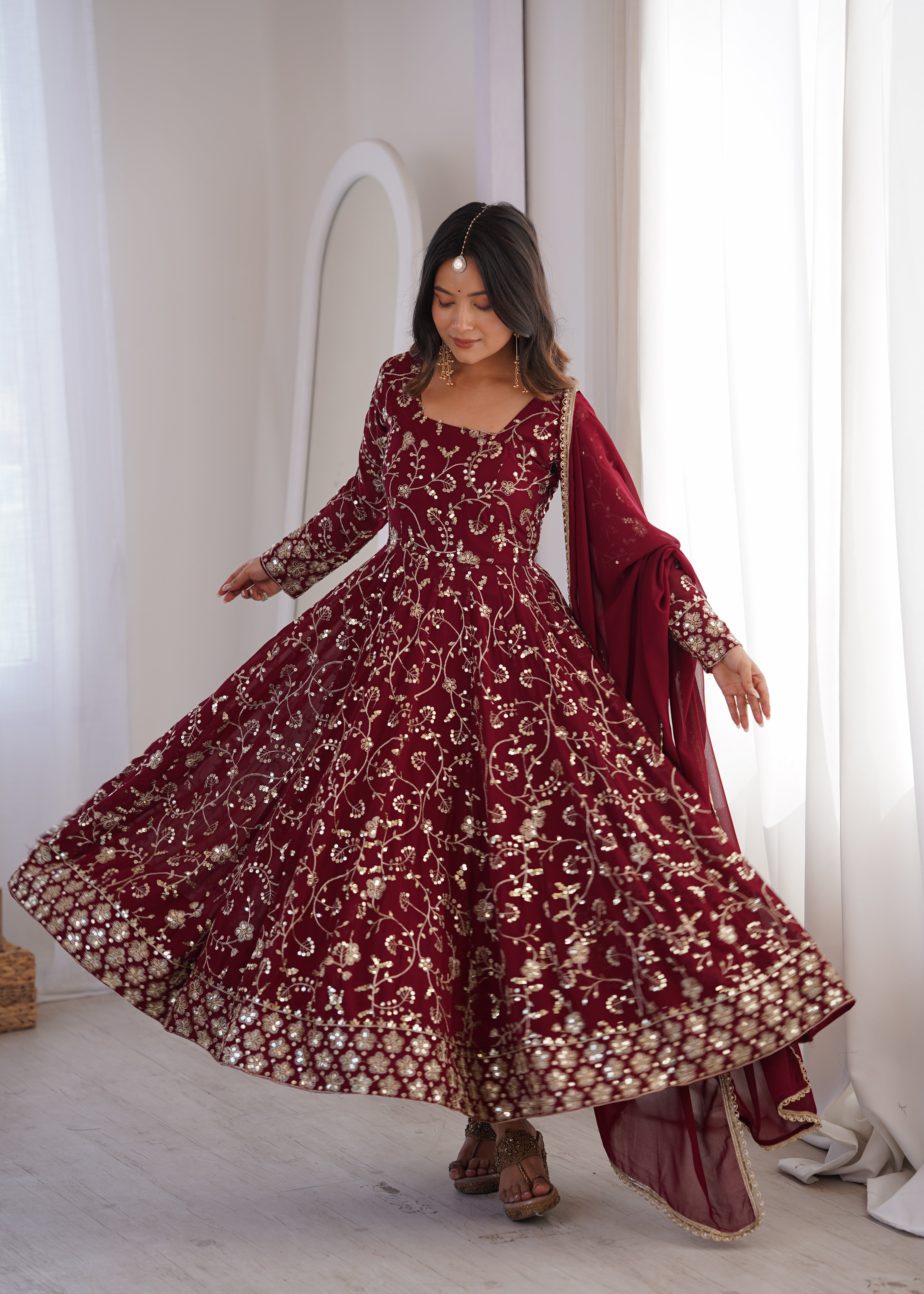 Heavy Faux Georgette Embroidered Anarkali Gown Three Piece Set with Lace Dupatta