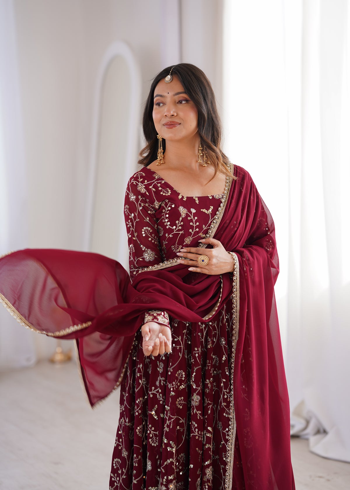 Heavy Faux Georgette Embroidered Anarkali Gown Three Piece Set with Lace Dupatta