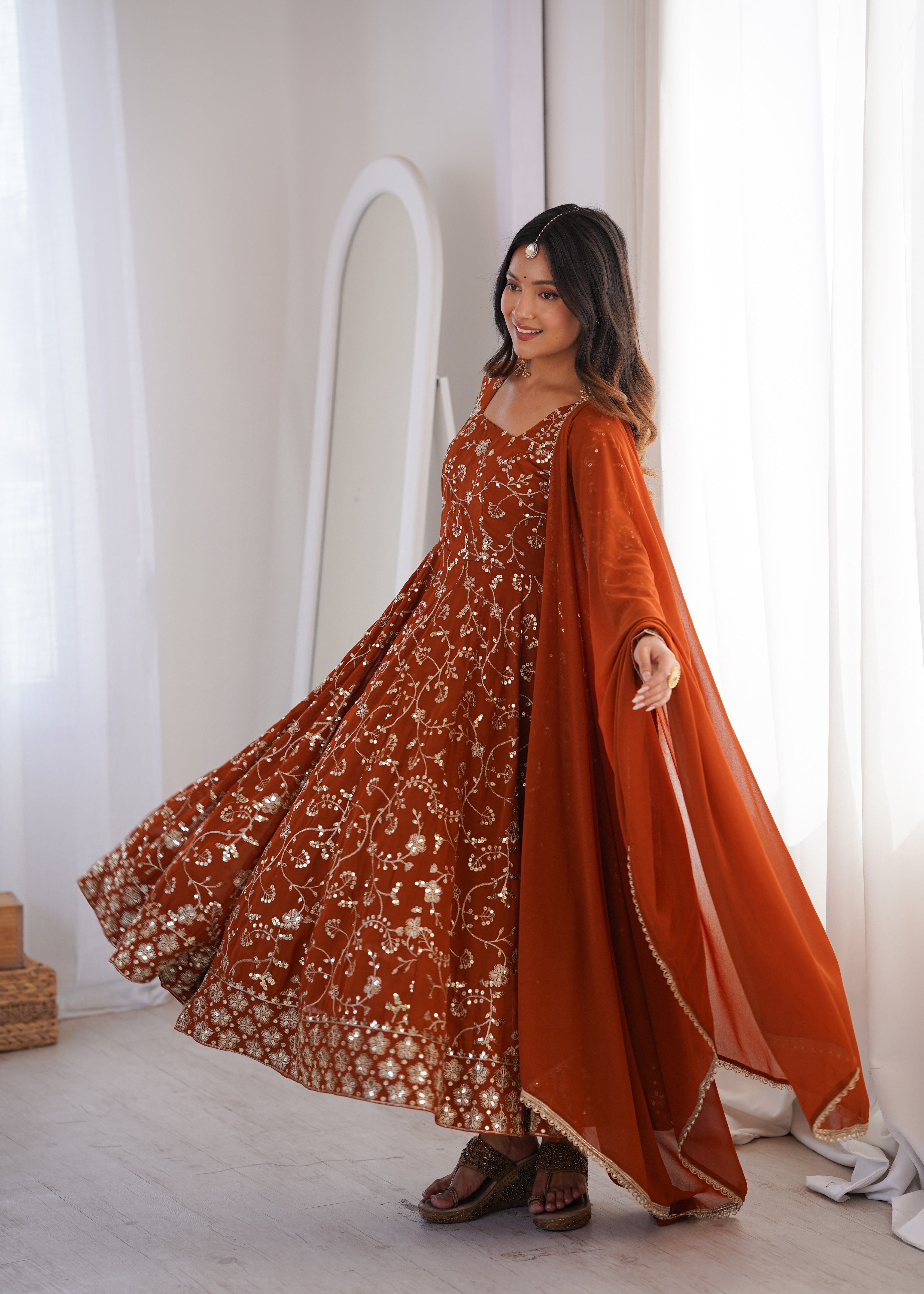 Heavy Faux Georgette Embroidered Anarkali Gown Three Piece Set with Lace Dupatta