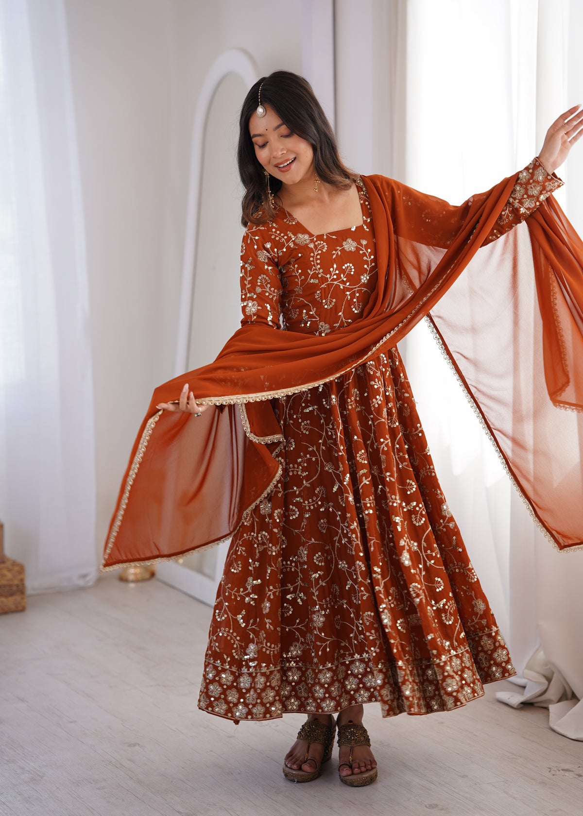Heavy Faux Georgette Embroidered Anarkali Gown Three Piece Set with Lace Dupatta