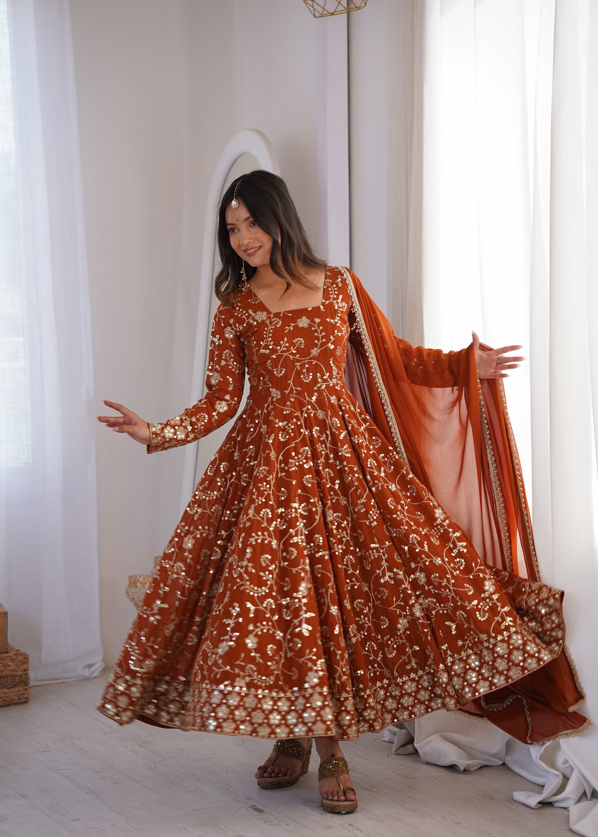 Heavy Faux Georgette Embroidered Anarkali Gown Three Piece Set with Lace Dupatta