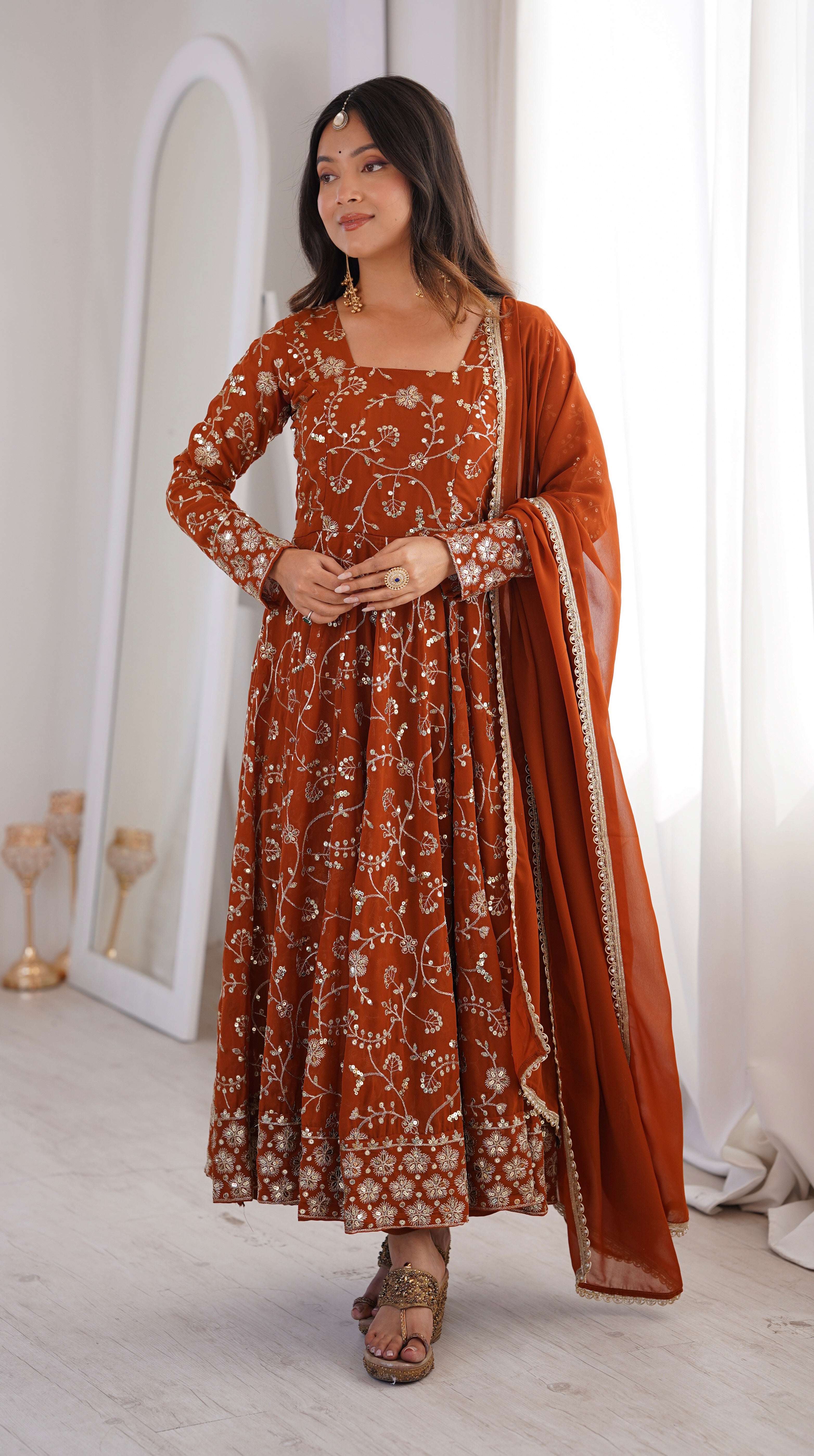 Heavy Faux Georgette Embroidered Anarkali Gown Three Piece Set with Lace Dupatta