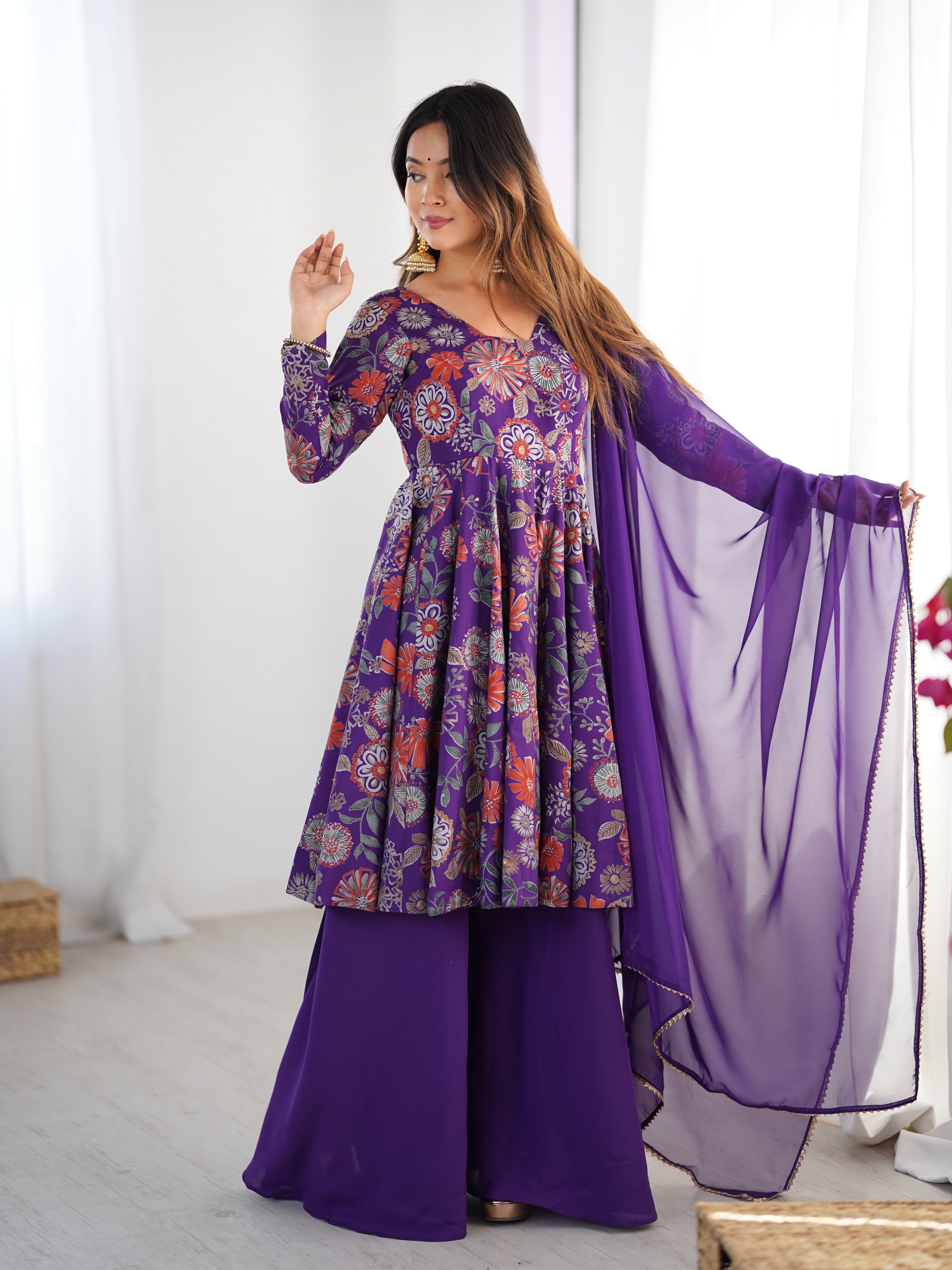 Roman Silk Chanderi Discharge Print Kediya Kurta Palazzo Set with Organza Dupatta