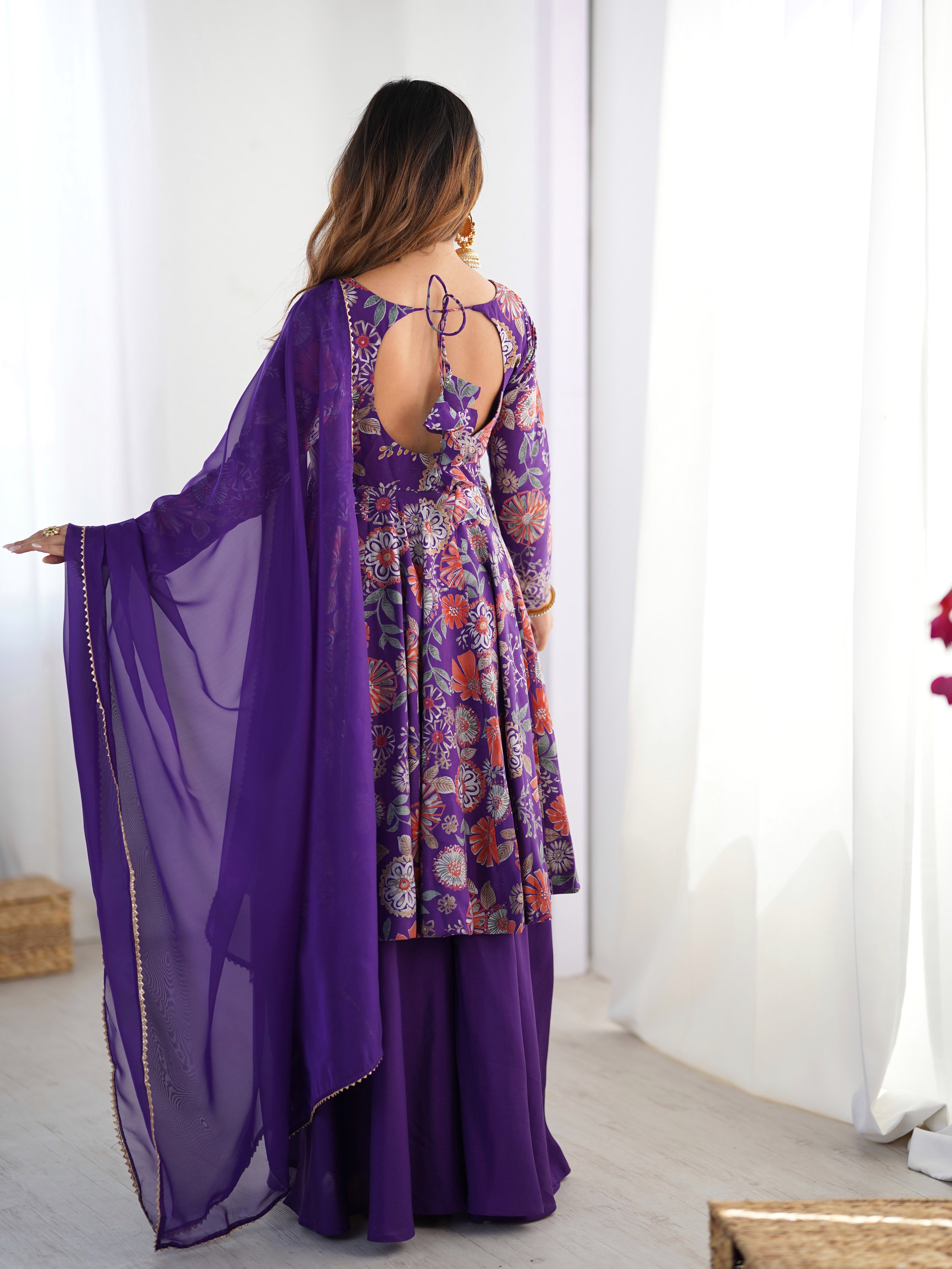 Roman Silk Chanderi Discharge Print Kediya Kurta Palazzo Set with Organza Dupatta