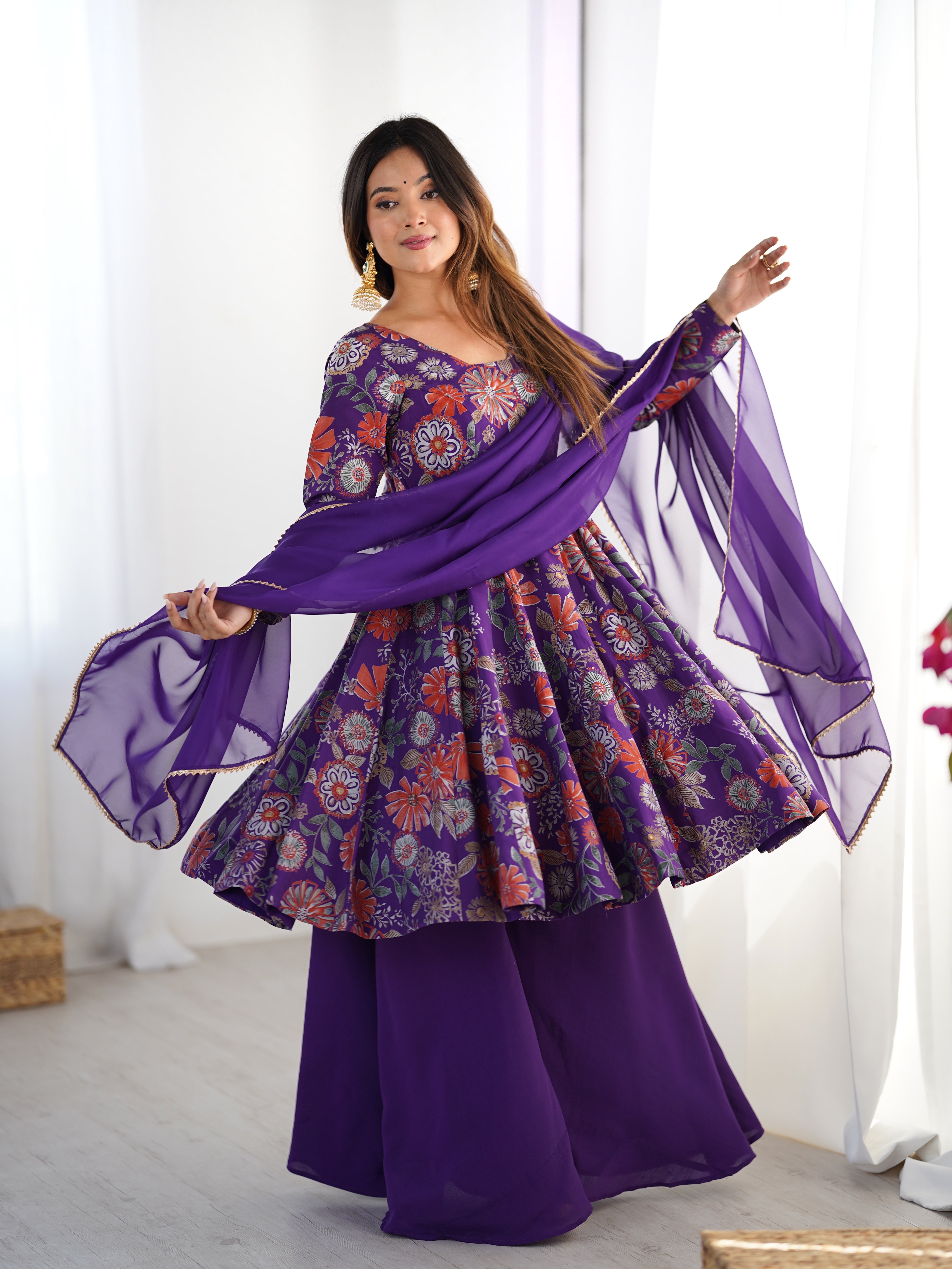 Roman Silk Chanderi Discharge Print Kediya Kurta Palazzo Set with Organza Dupatta