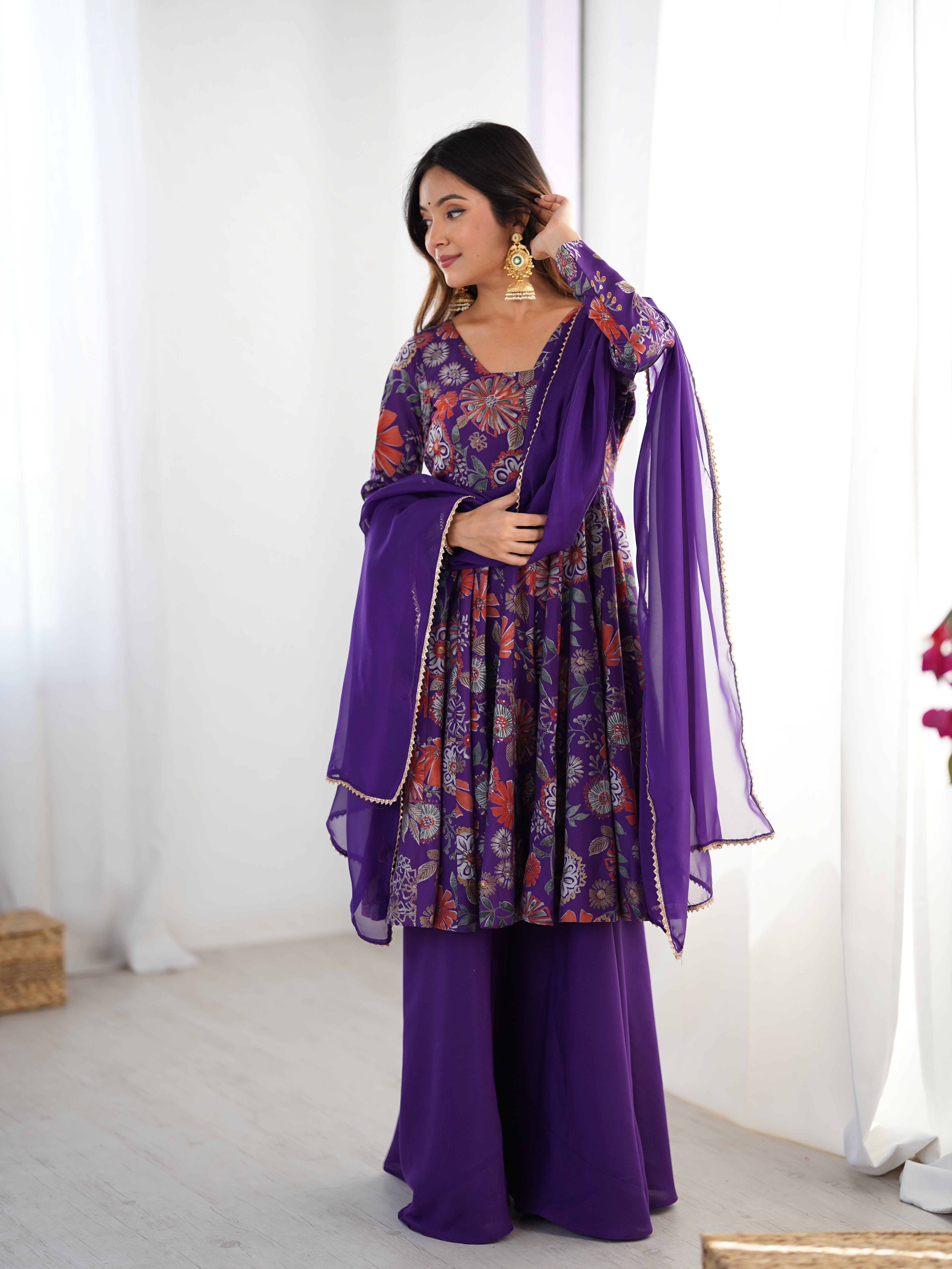 Roman Silk Chanderi Discharge Print Kediya Kurta Palazzo Set with Organza Dupatta