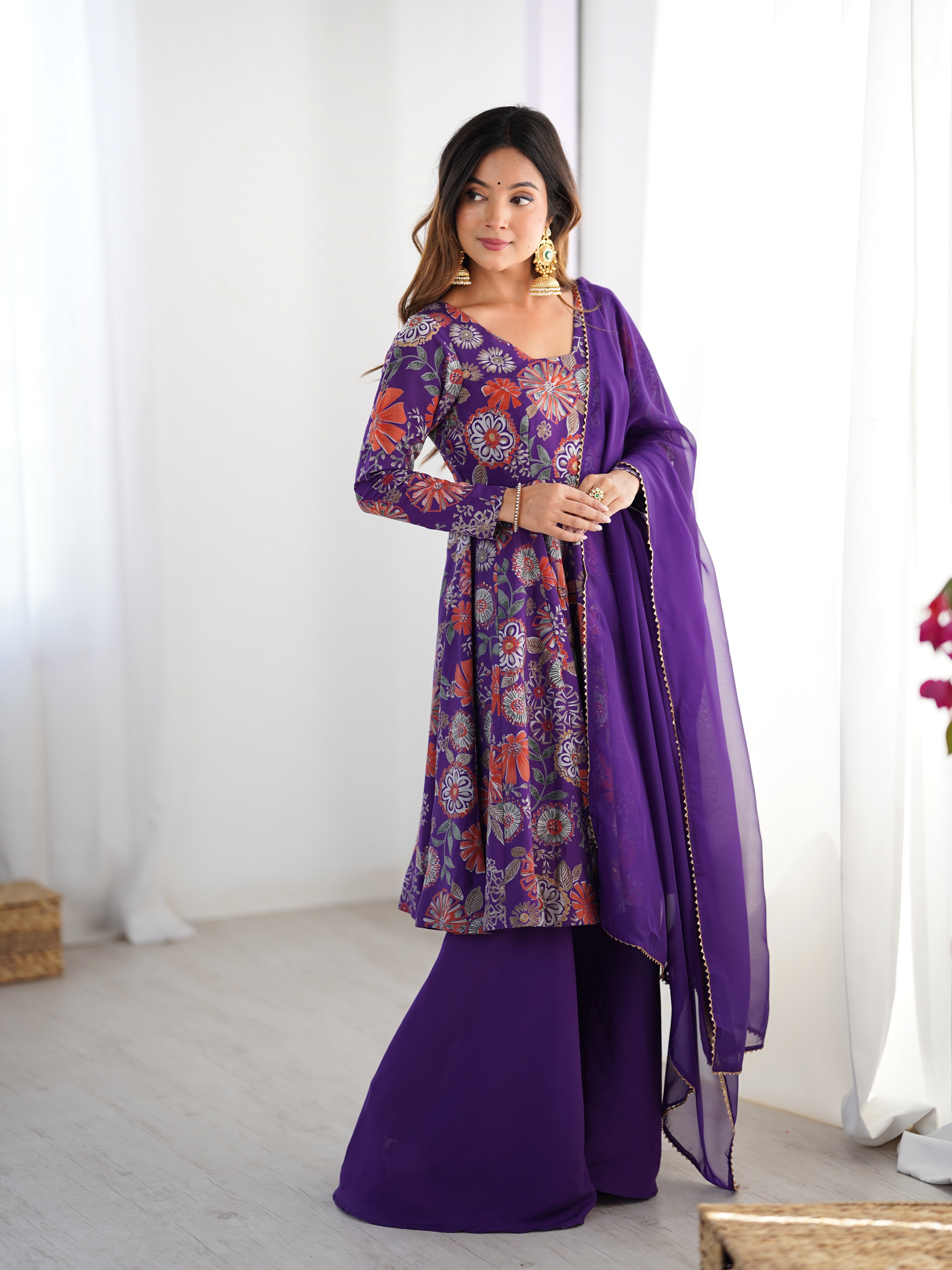 Roman Silk Chanderi Discharge Print Kediya Kurta Palazzo Set with Organza Dupatta