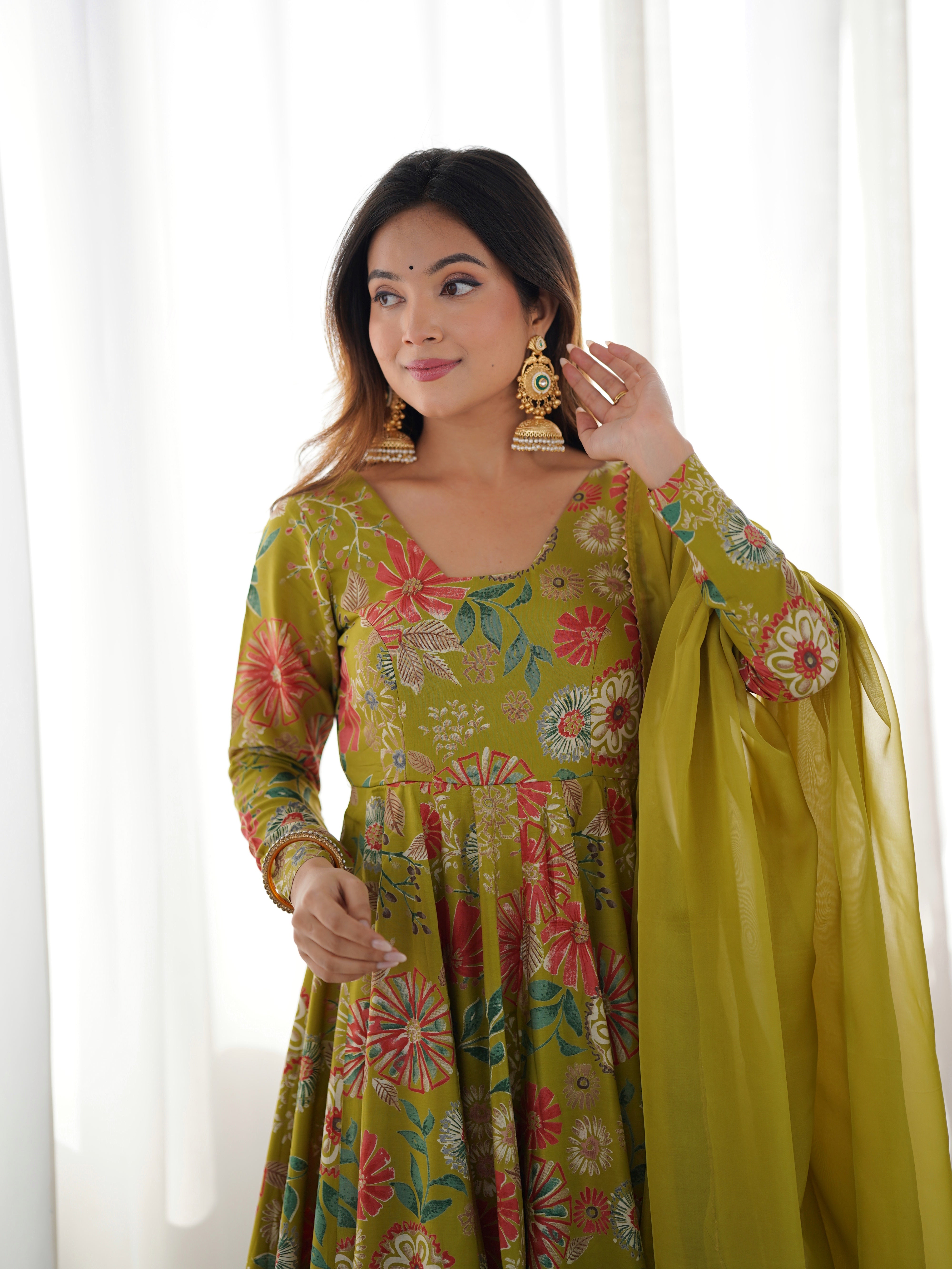Roman Silk Chanderi Discharge Print Kediya Kurta Palazzo Set with Organza Dupatta