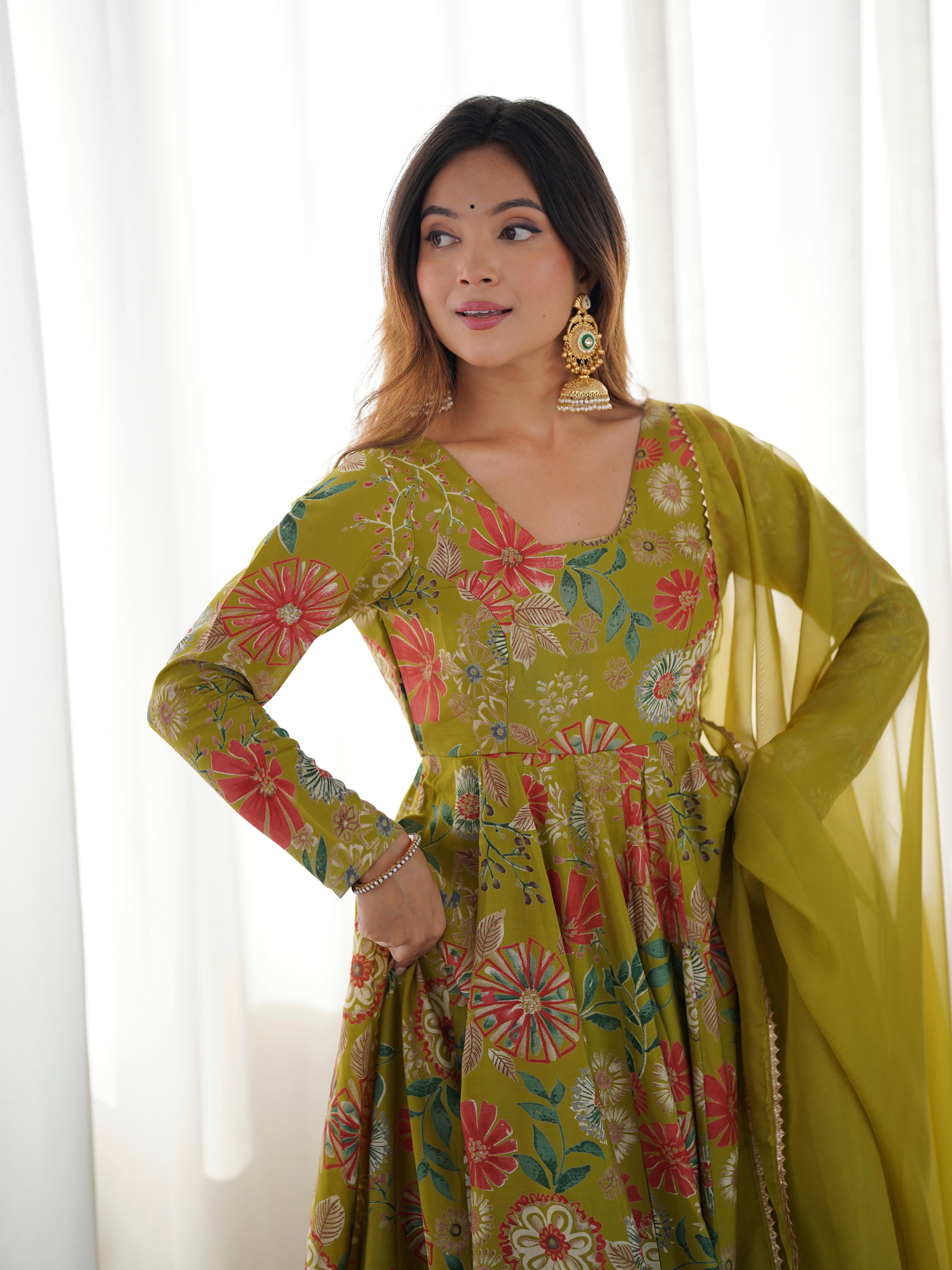 Roman Silk Chanderi Discharge Print Kediya Kurta Palazzo Set with Organza Dupatta