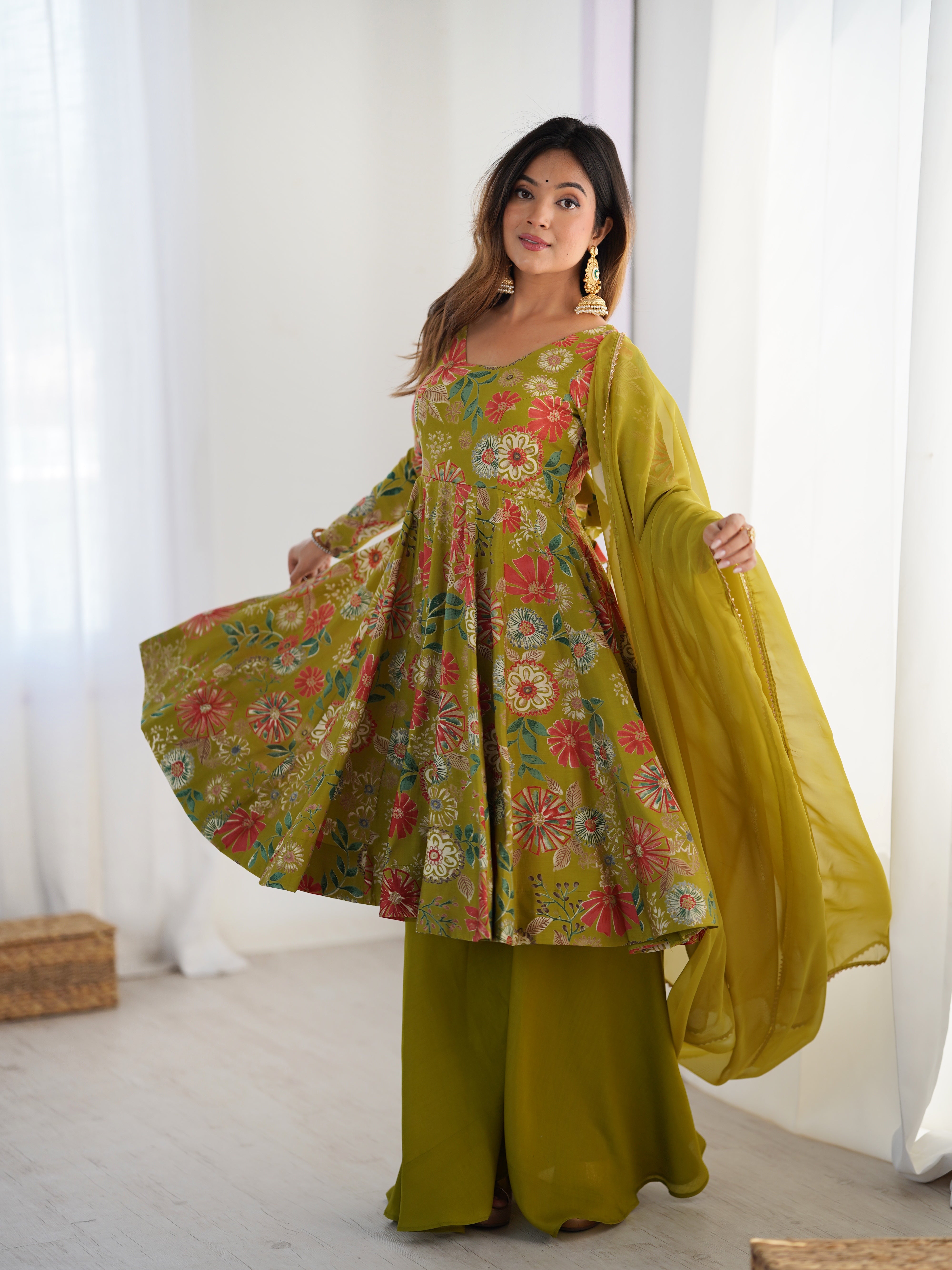 Roman Silk Chanderi Discharge Print Kediya Kurta Palazzo Set with Organza Dupatta