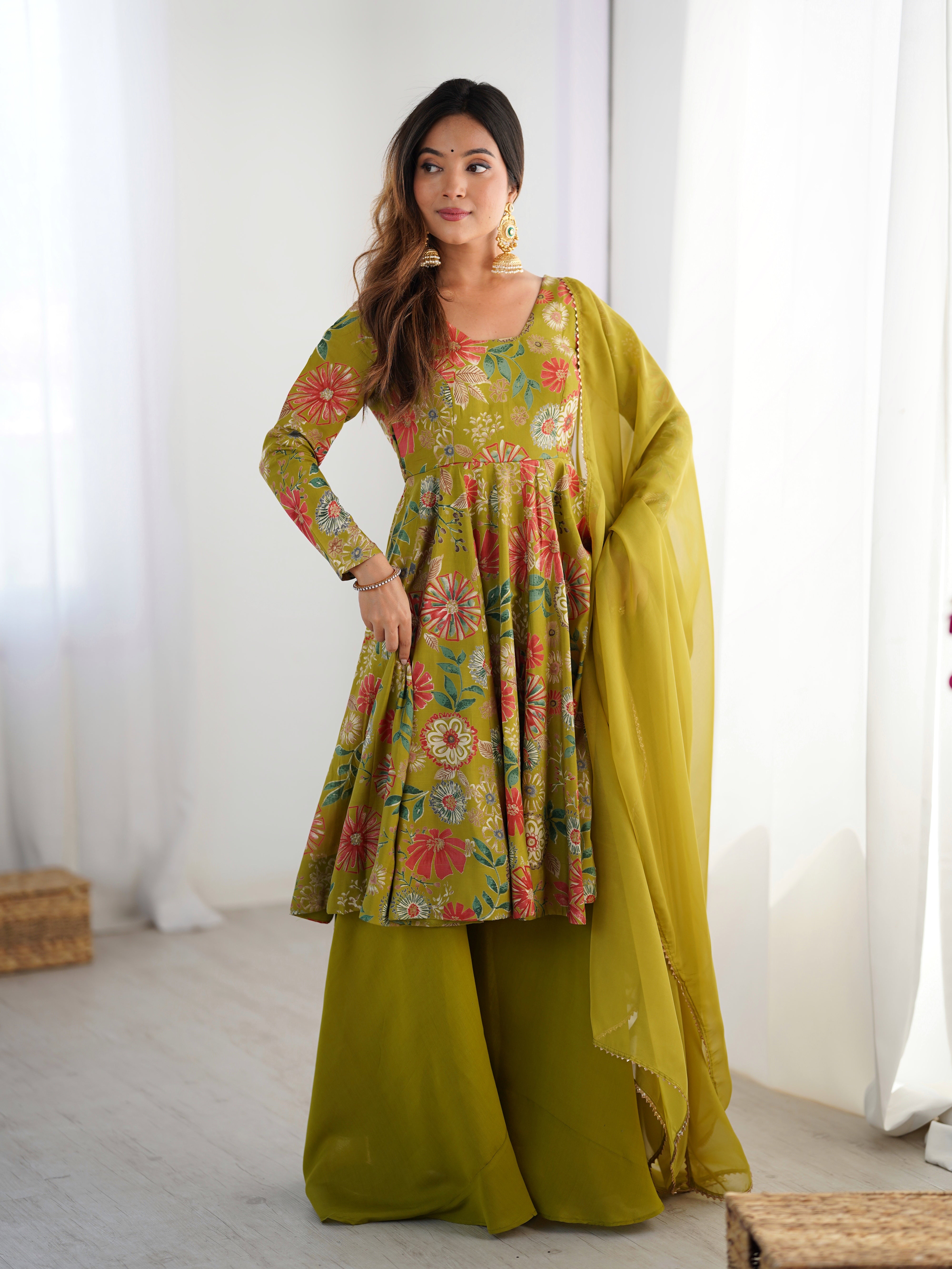 Roman Silk Chanderi Discharge Print Kediya Kurta Palazzo Set with Organza Dupatta