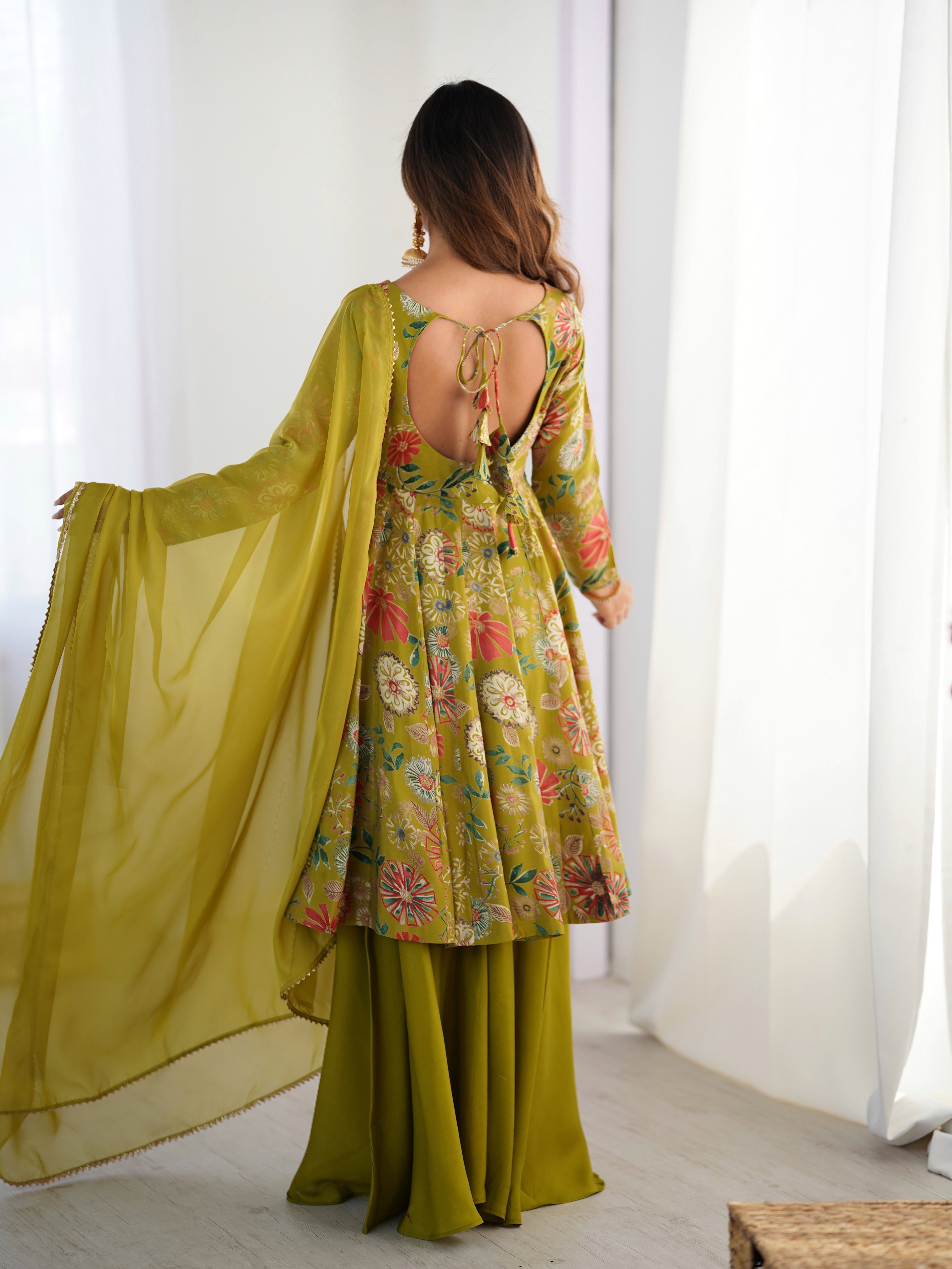 Roman Silk Chanderi Discharge Print Kediya Kurta Palazzo Set with Organza Dupatta