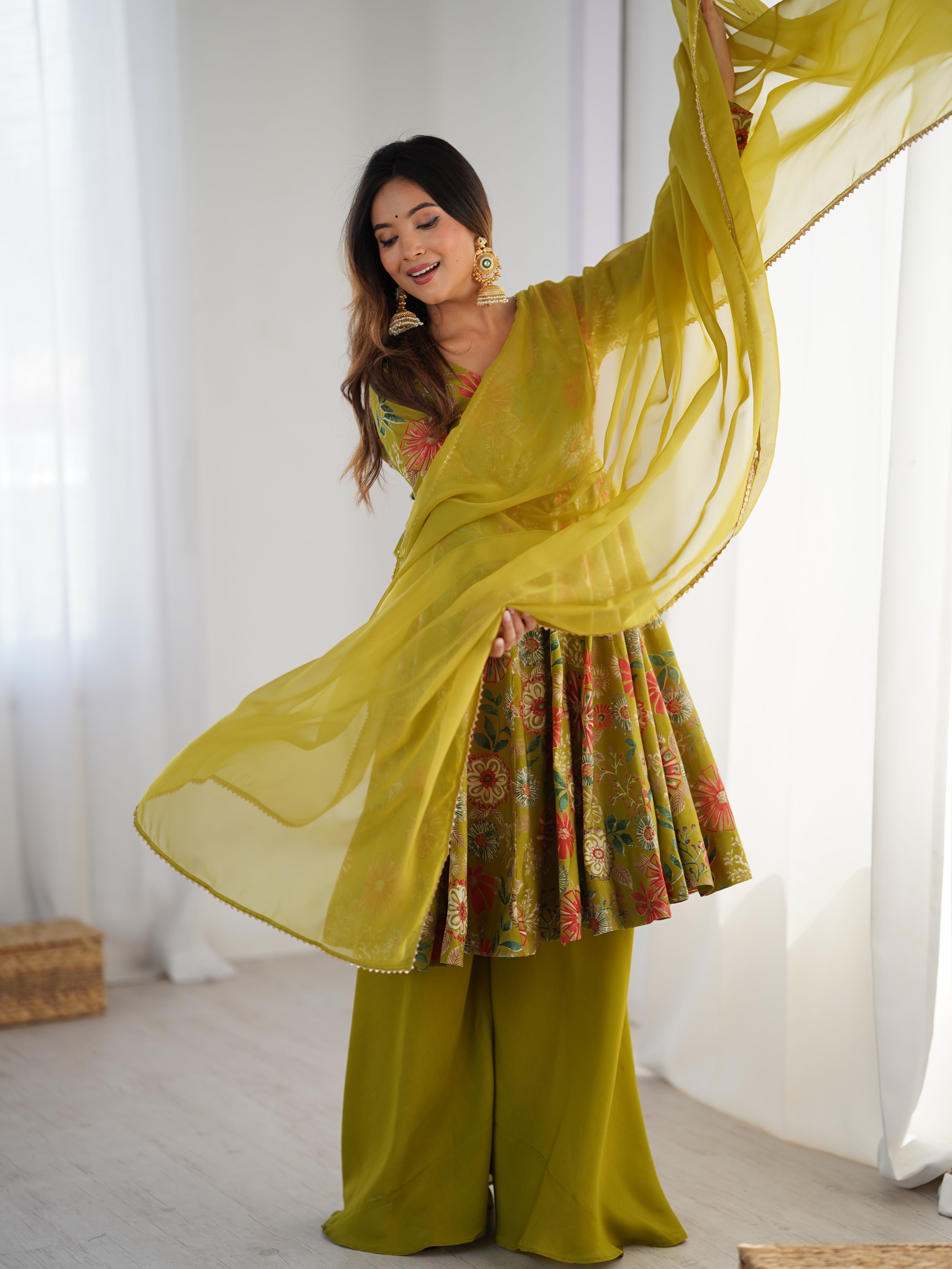 Roman Silk Chanderi Discharge Print Kediya Kurta Palazzo Set with Organza Dupatta