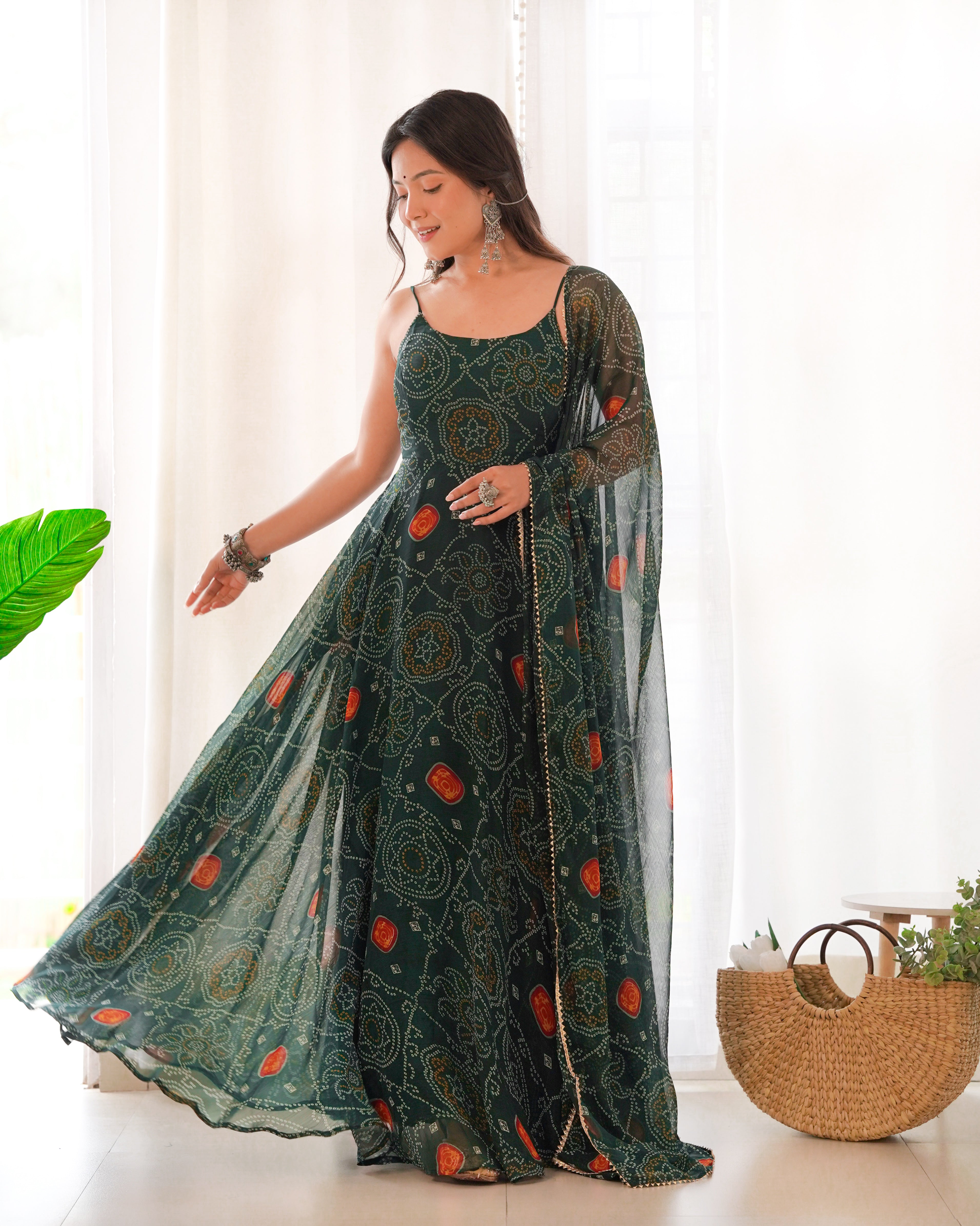 Designer Lightweight Chiffon Bandhej Anarkali Gown Set with Dupatta and Pant