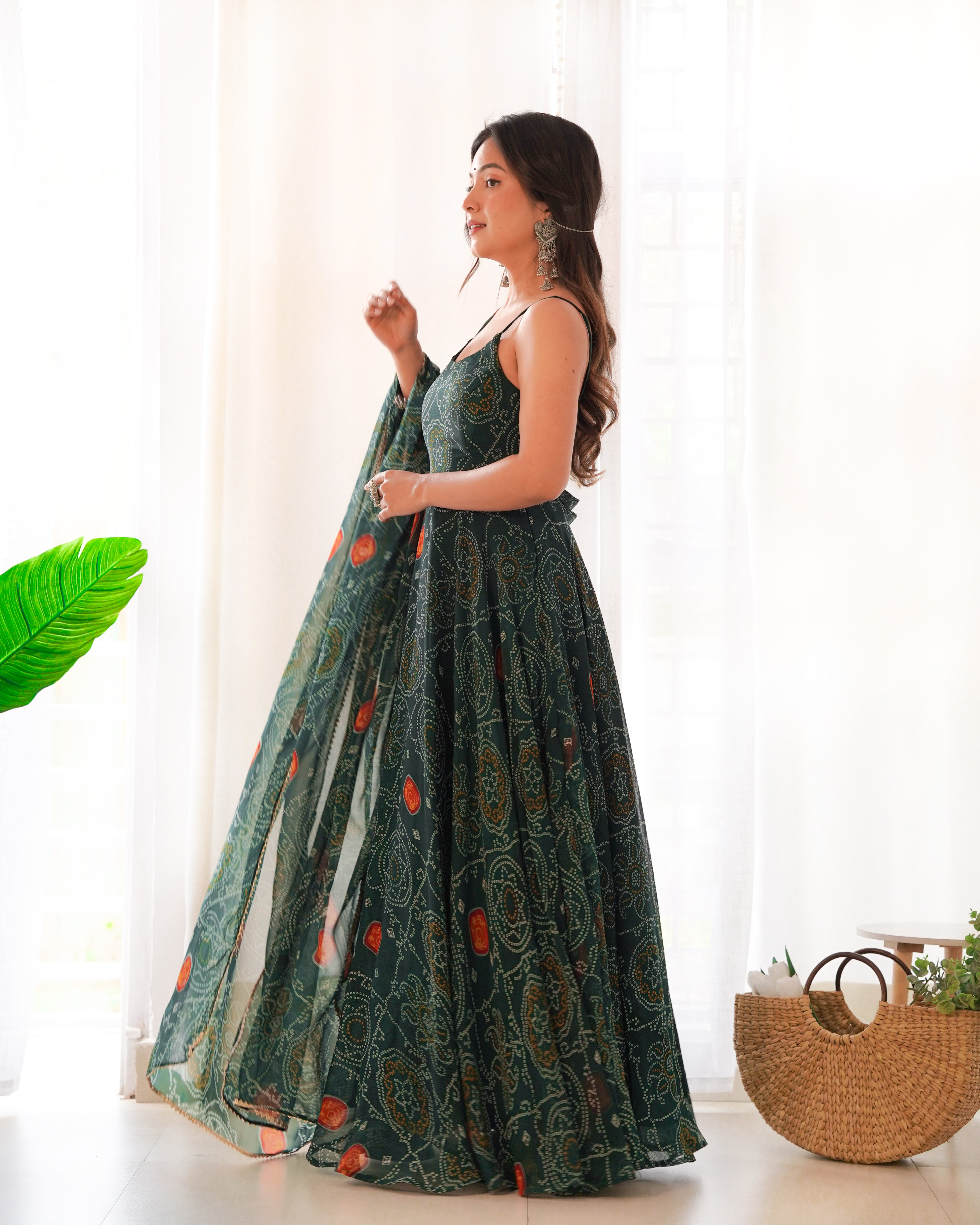 Designer Lightweight Chiffon Bandhej Anarkali Gown Set with Dupatta and Pant