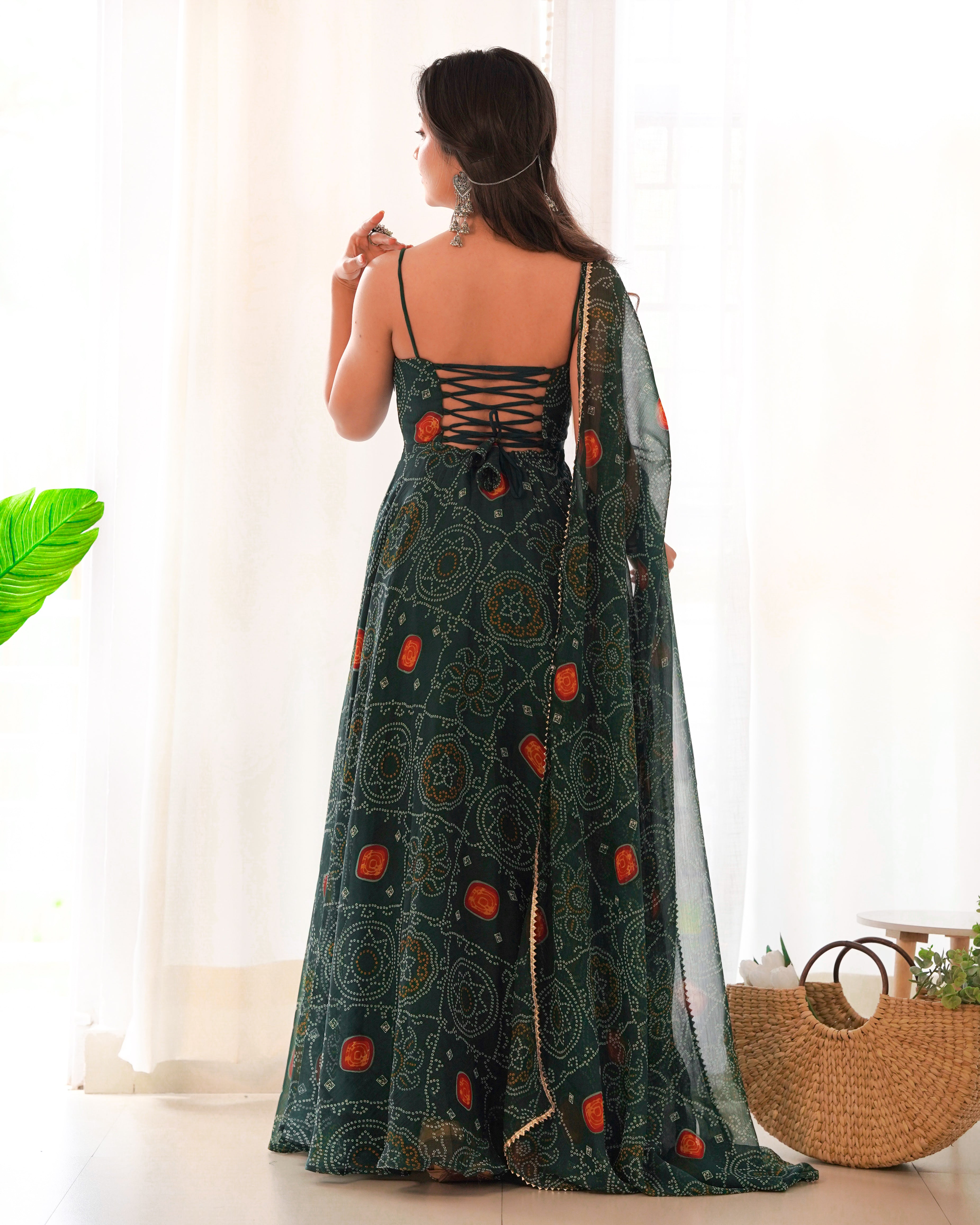 Designer Lightweight Chiffon Bandhej Anarkali Gown Set with Dupatta and Pant