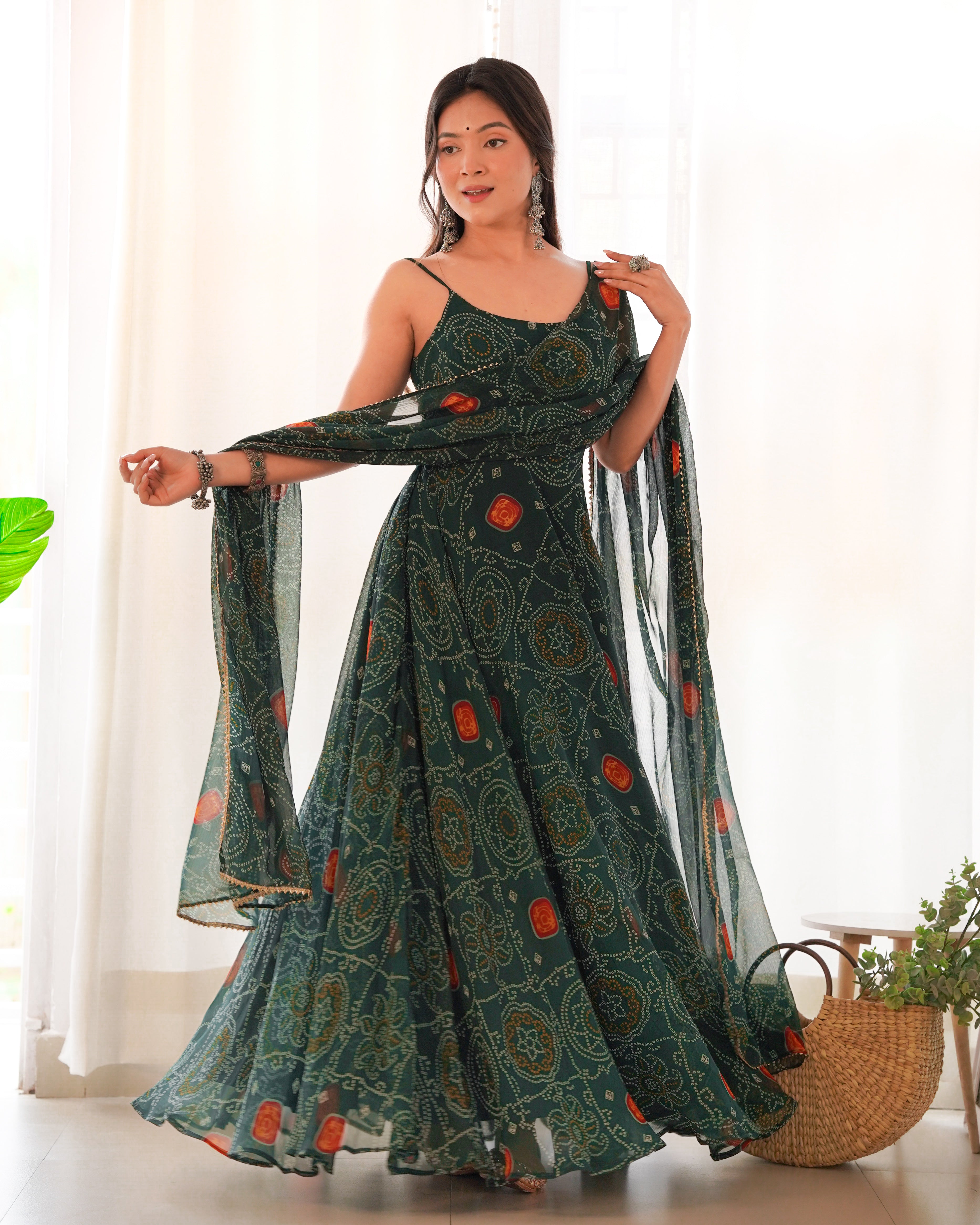 Designer Lightweight Chiffon Bandhej Anarkali Gown Set with Dupatta and Pant