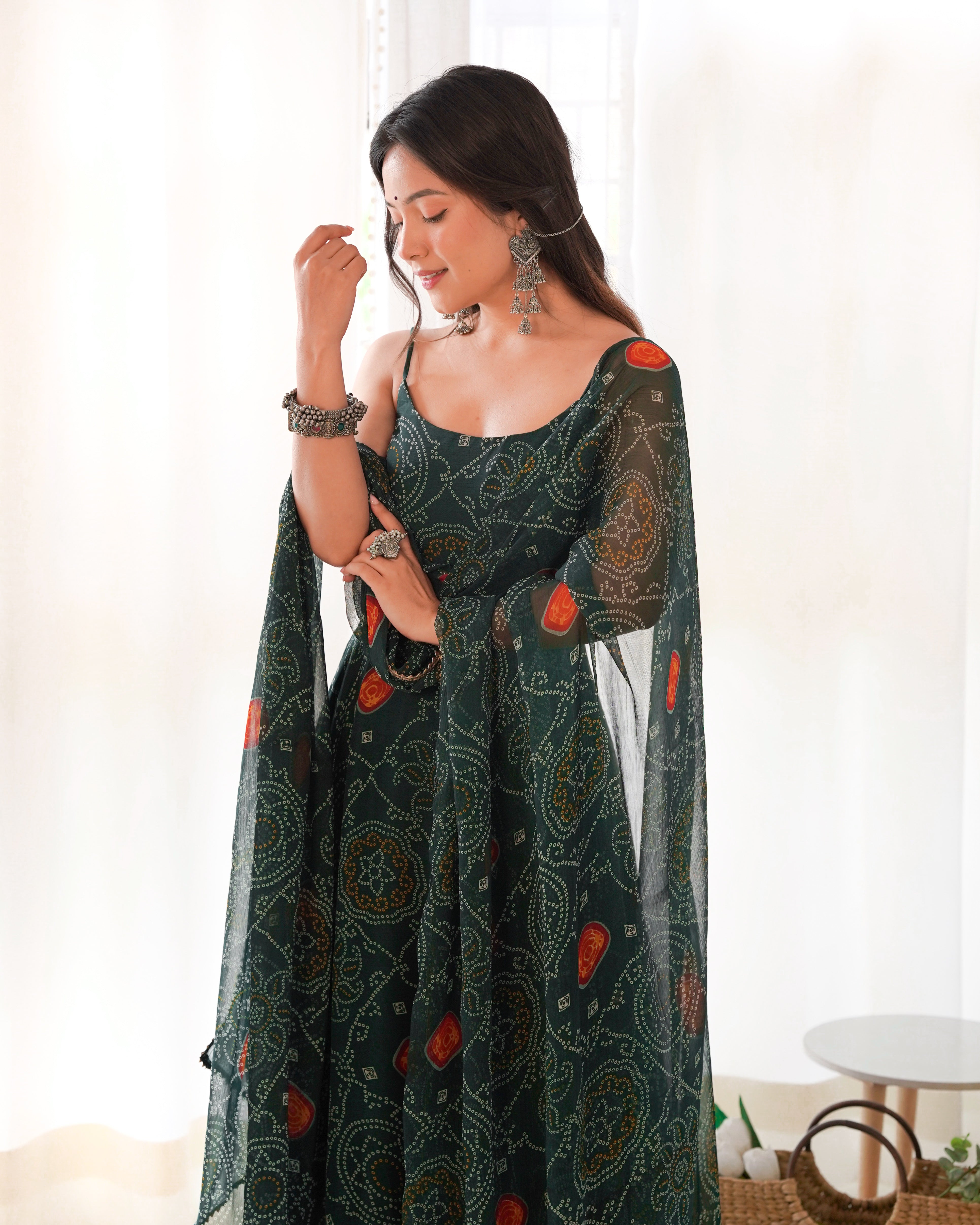 Designer Lightweight Chiffon Bandhej Anarkali Gown Set with Dupatta and Pant
