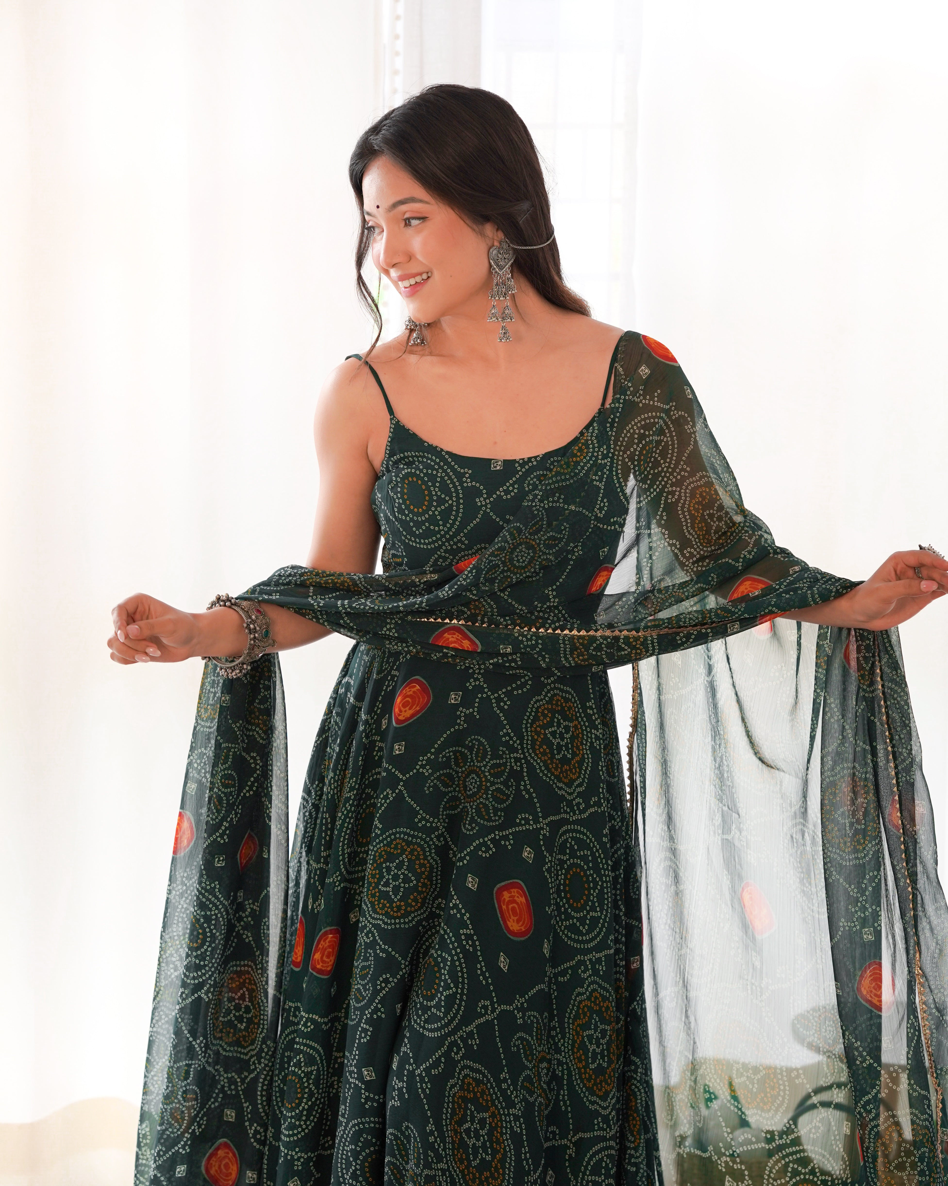 Designer Lightweight Chiffon Bandhej Anarkali Gown Set with Dupatta and Pant