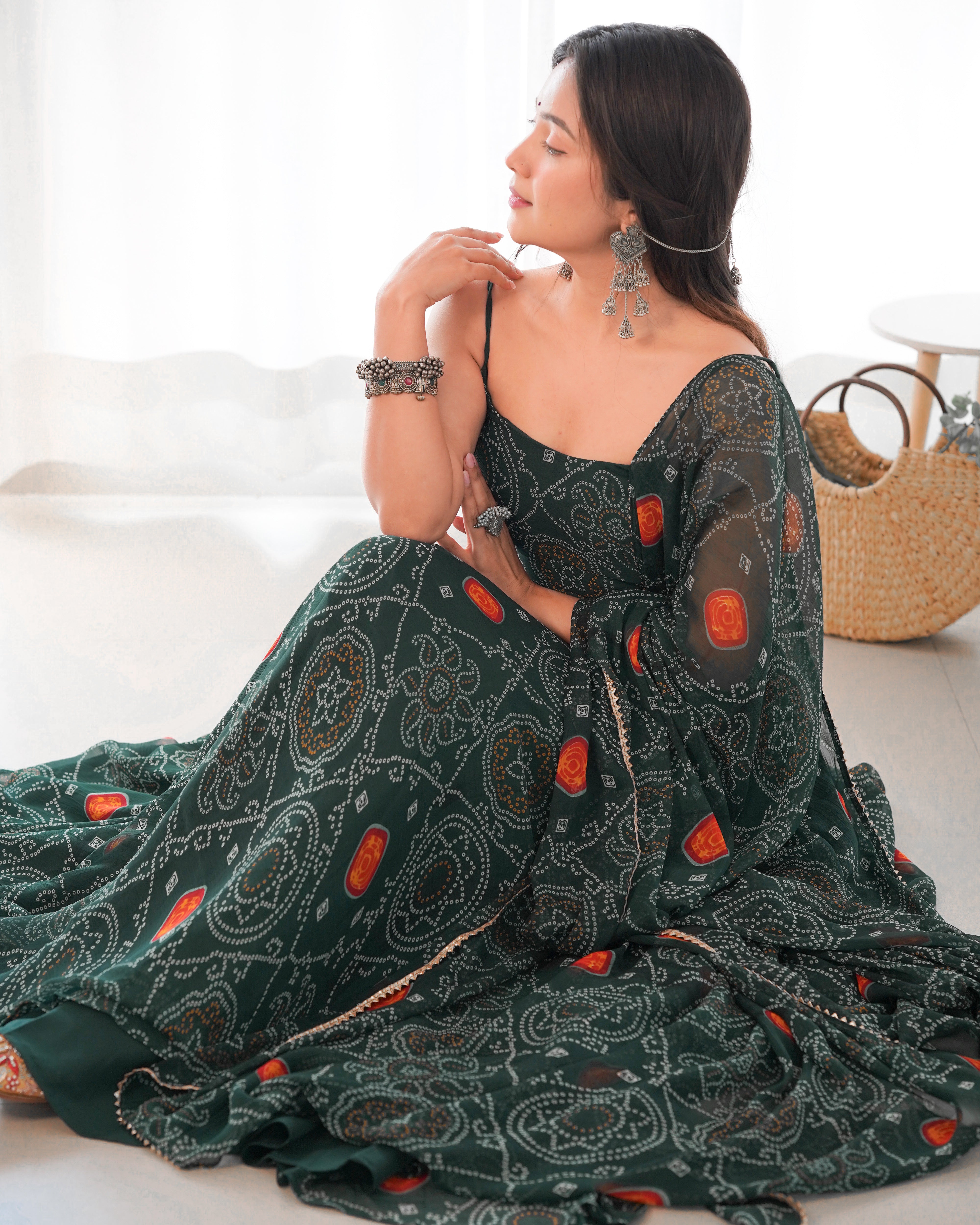 Designer Lightweight Chiffon Bandhej Anarkali Gown Set with Dupatta and Pant
