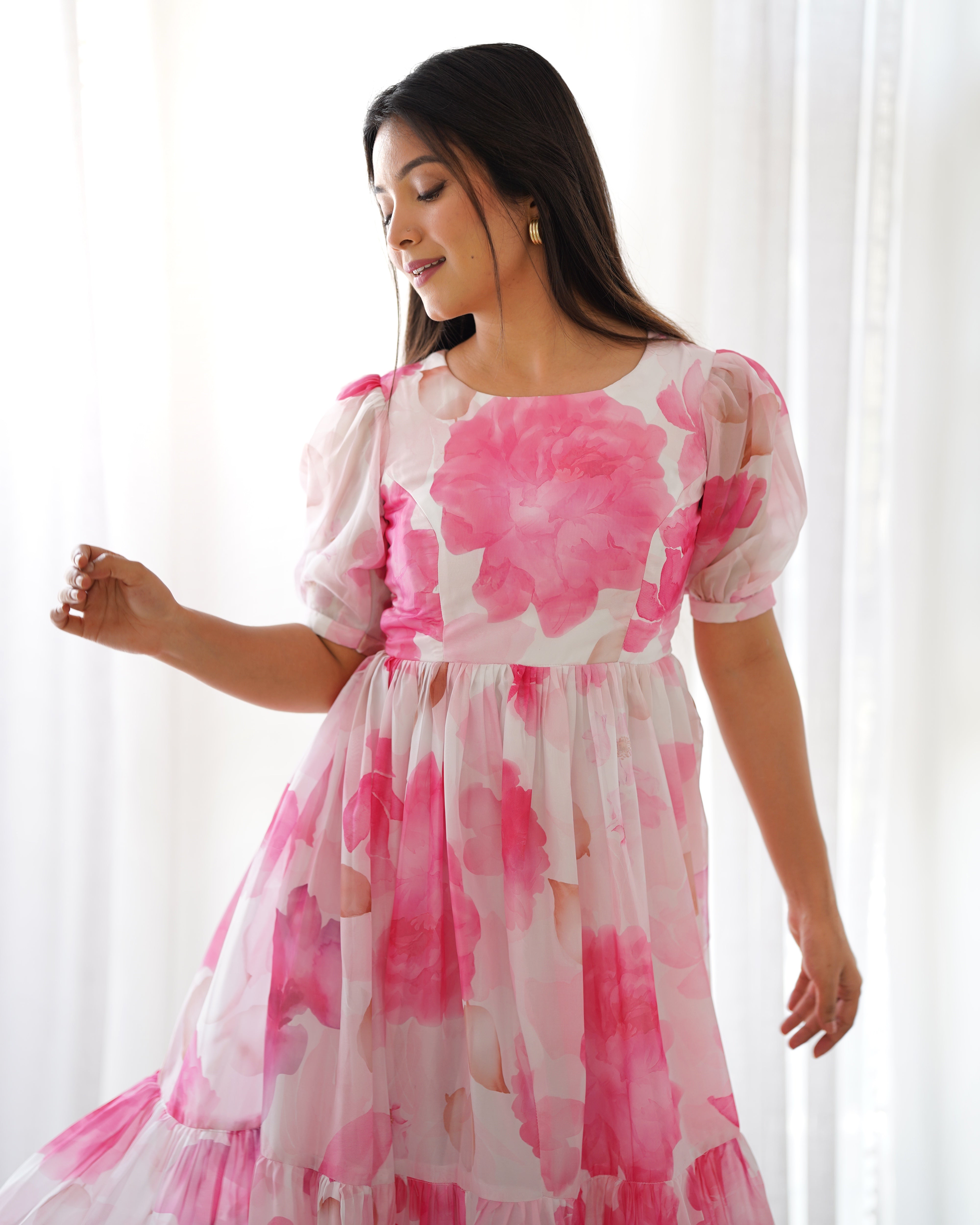 Women's Soft Organza Silk Floral Print One Piece Dress