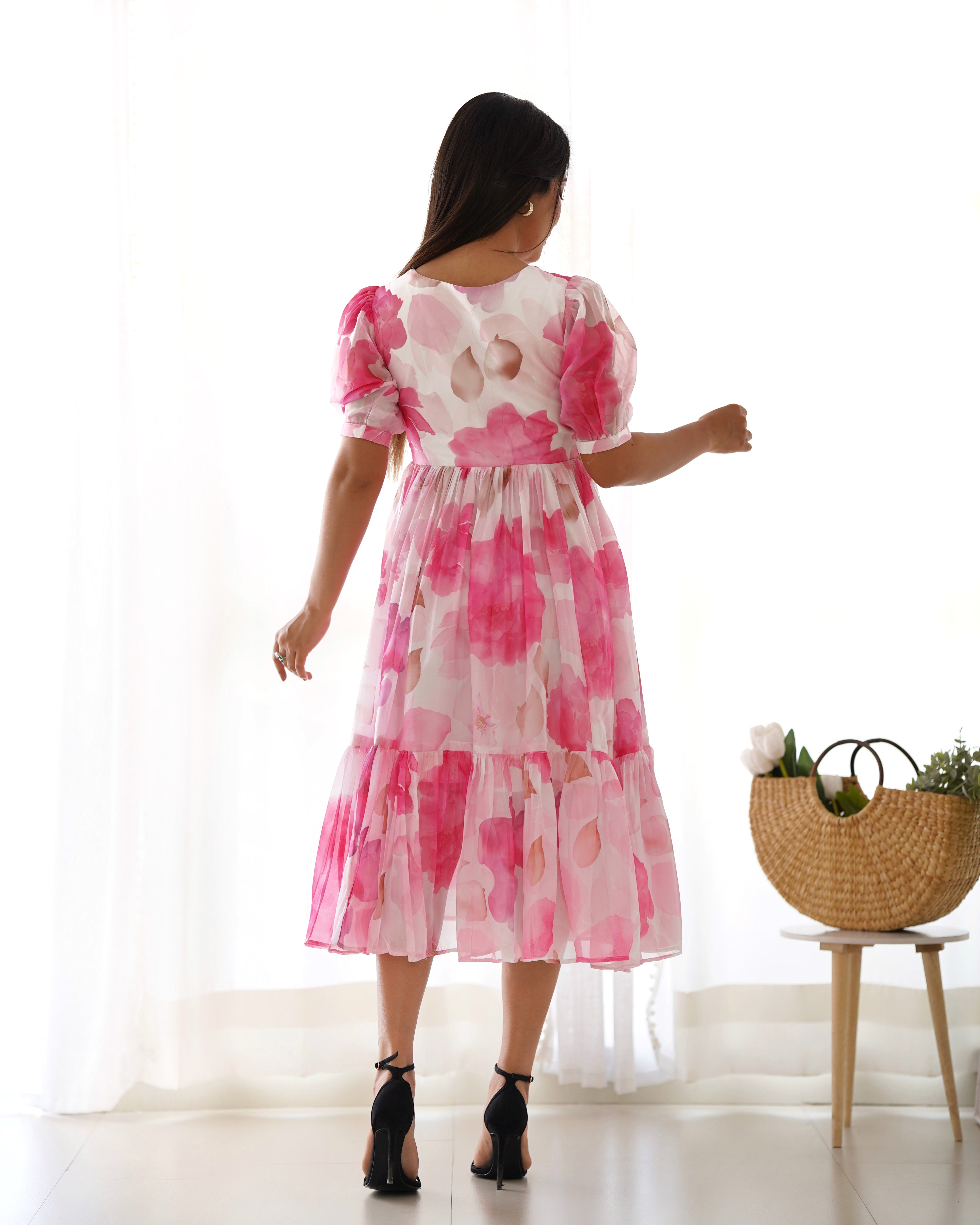 Women's Soft Organza Silk Floral Print One Piece Dress