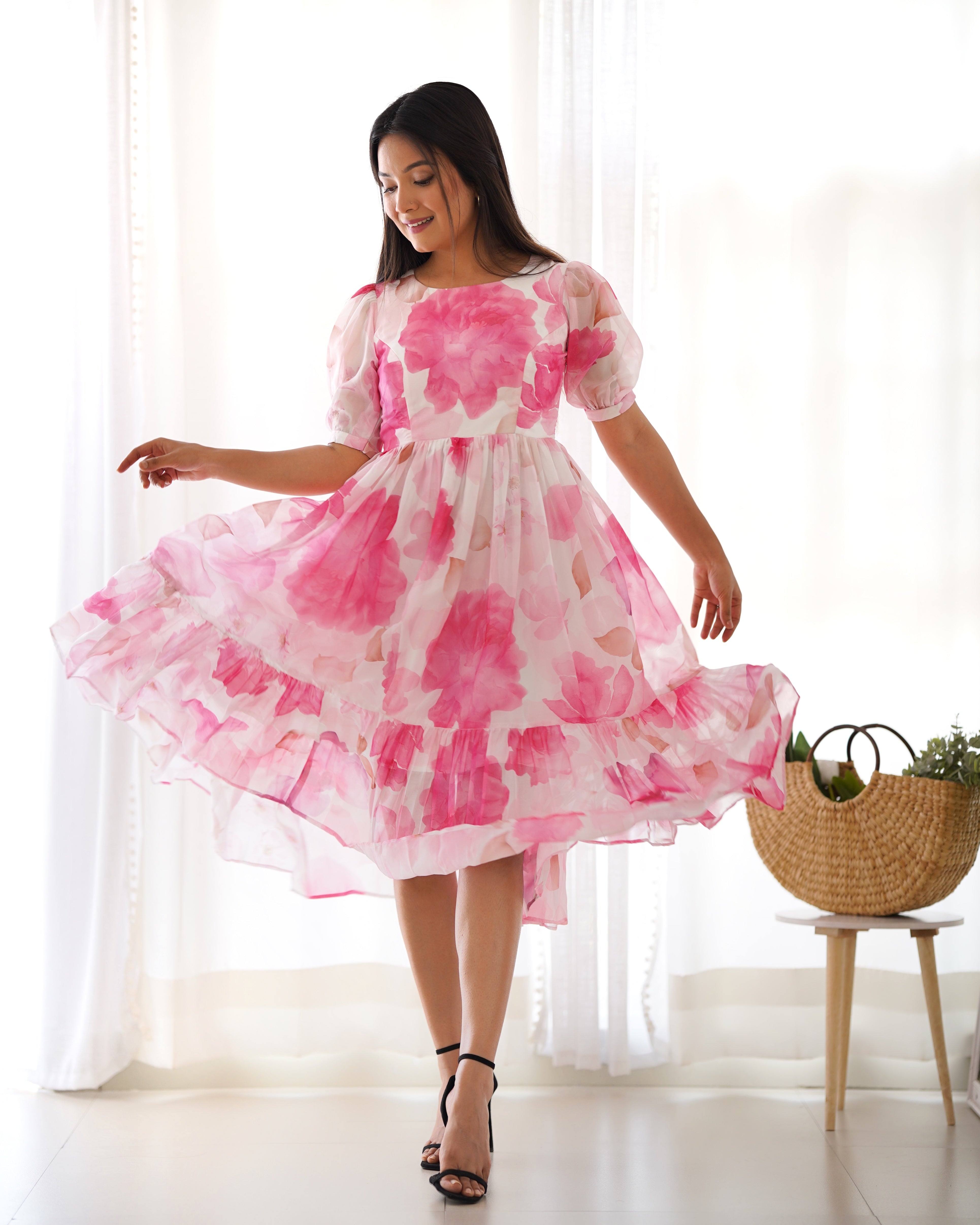 Women's Soft Organza Silk Floral Print One Piece Dress