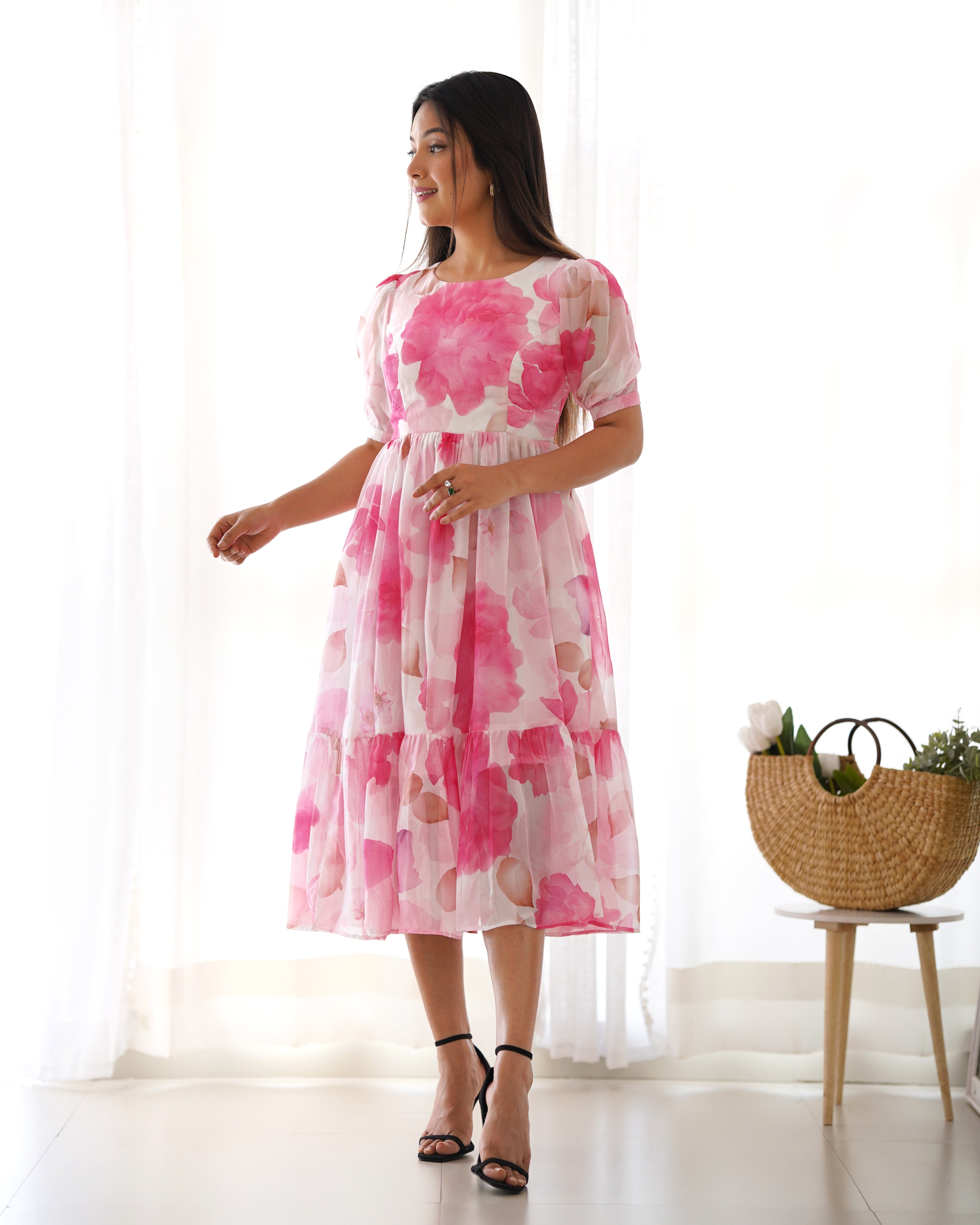 Women's Soft Organza Silk Floral Print One Piece Dress