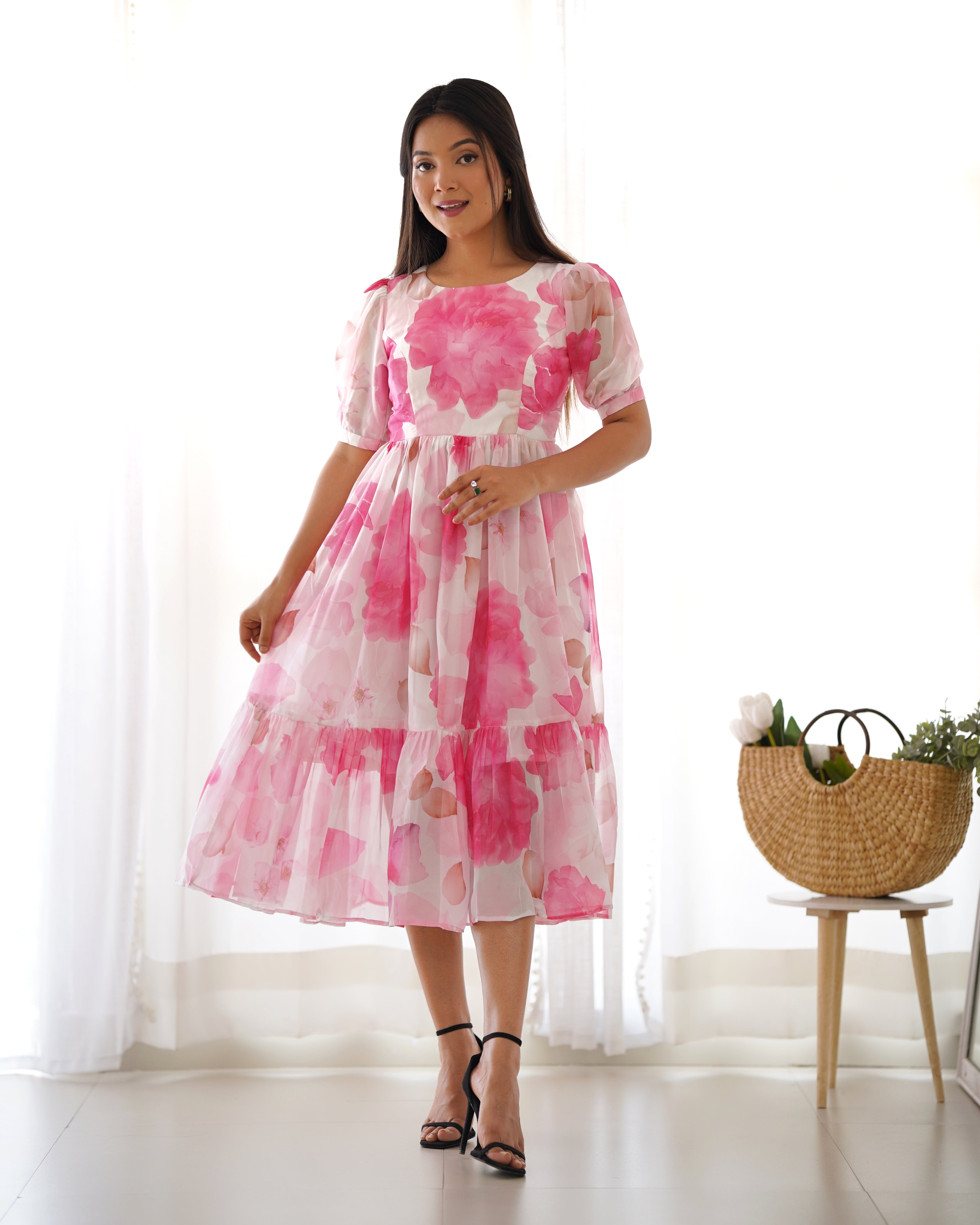 Women's Soft Organza Silk Floral Print One Piece Dress