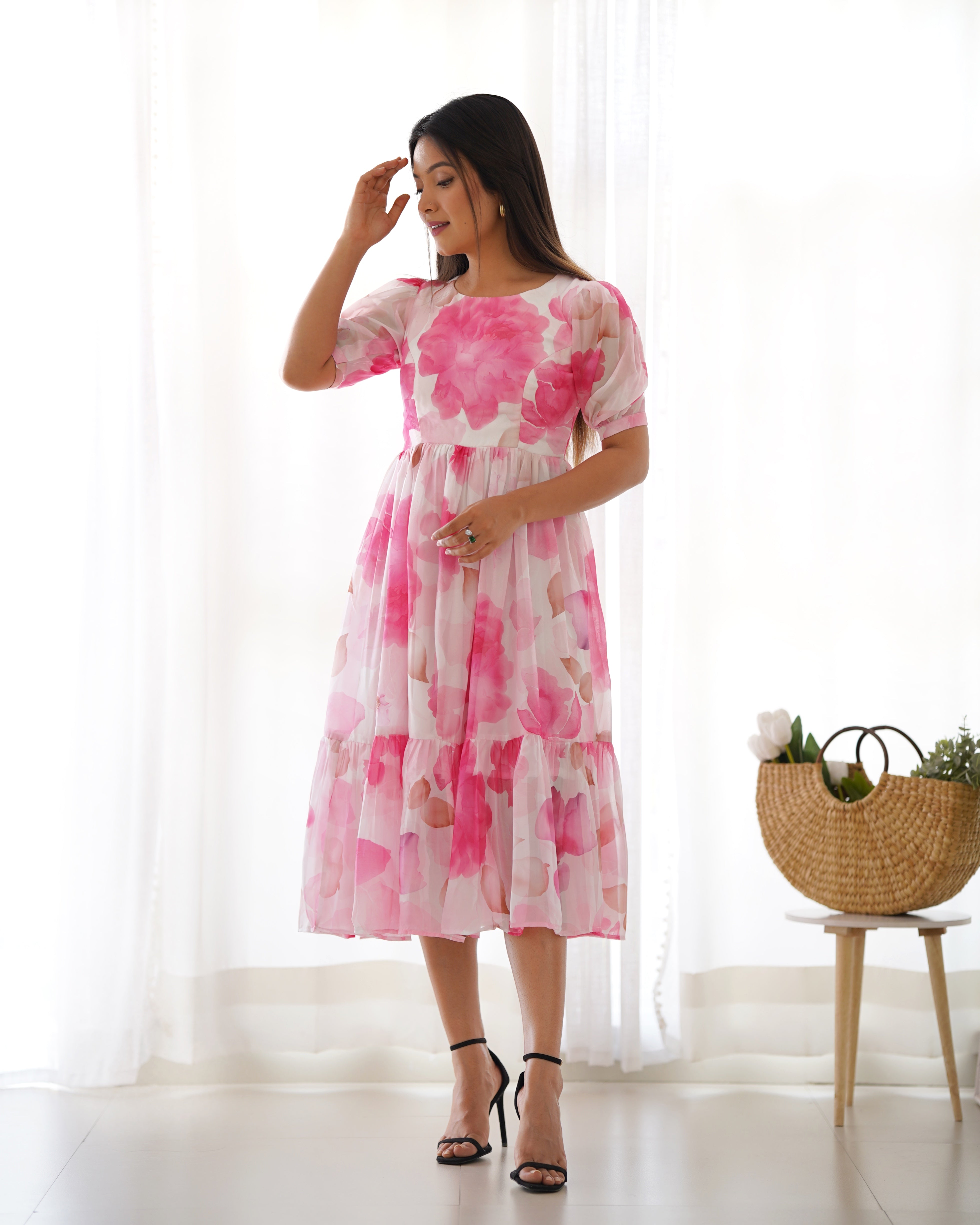 Women's Soft Organza Silk Floral Print One Piece Dress