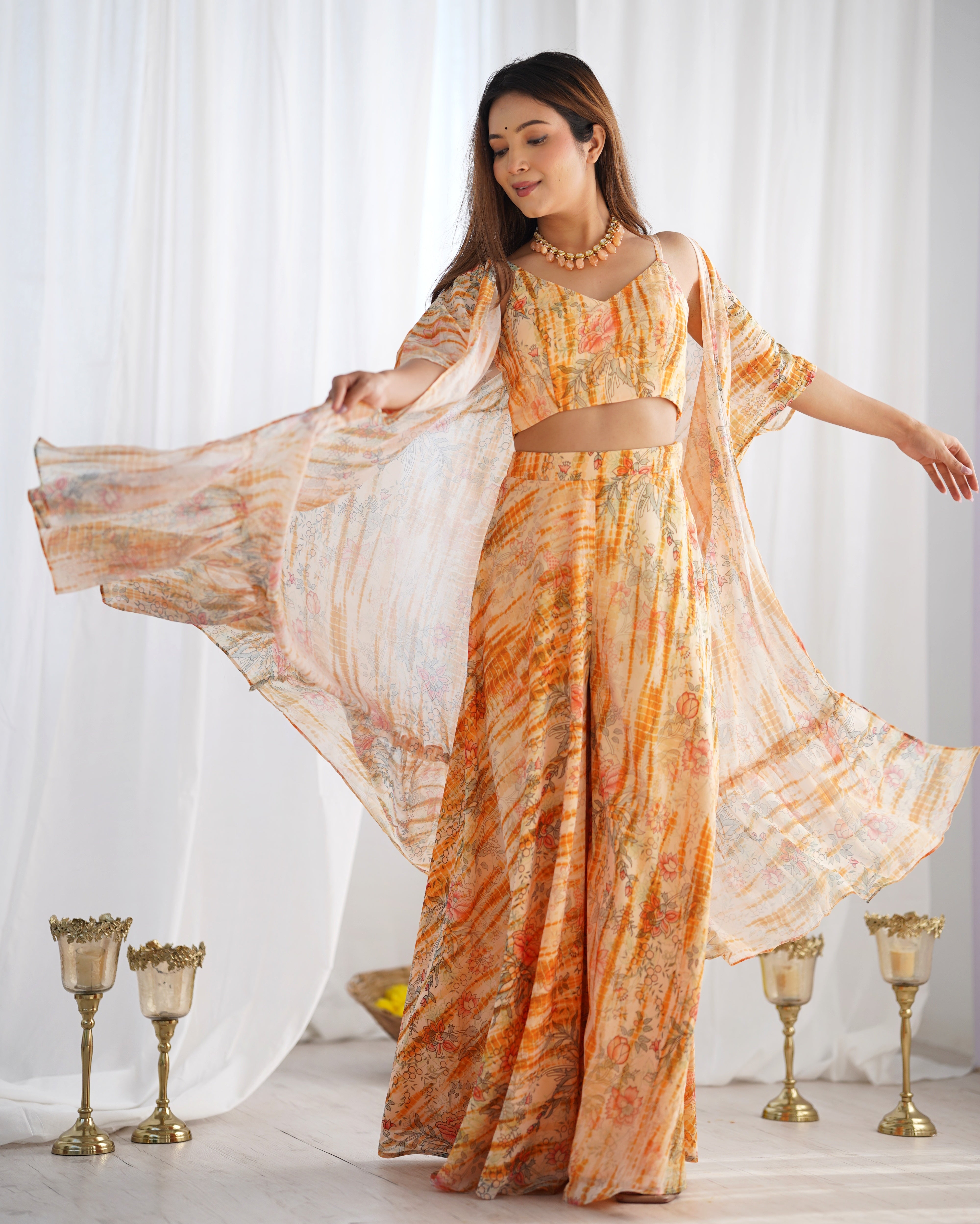 Floral Printed Fox Georgette Indo Western Shrug Set with Crop Top and Palazzo